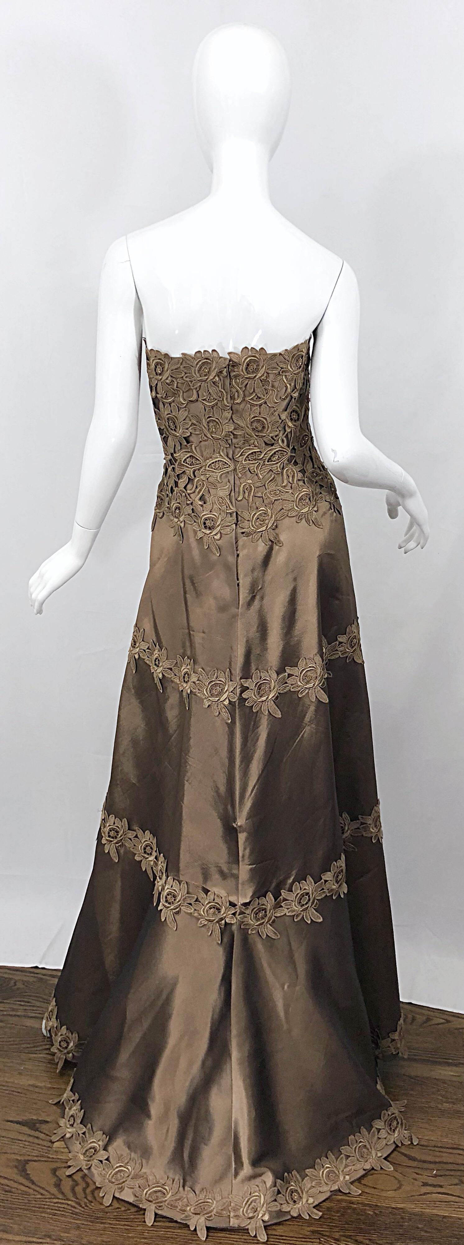 Beautiful 1990s vintage HELEN MORLEY for SAKS 5TH AVENUE taupe silk strapless evening dress! This gown retailed for $3,250 in the mid 90s 
Every detail about this beauty is phenomenal, but the adjustable train is my favorite part. A hook-and-eye