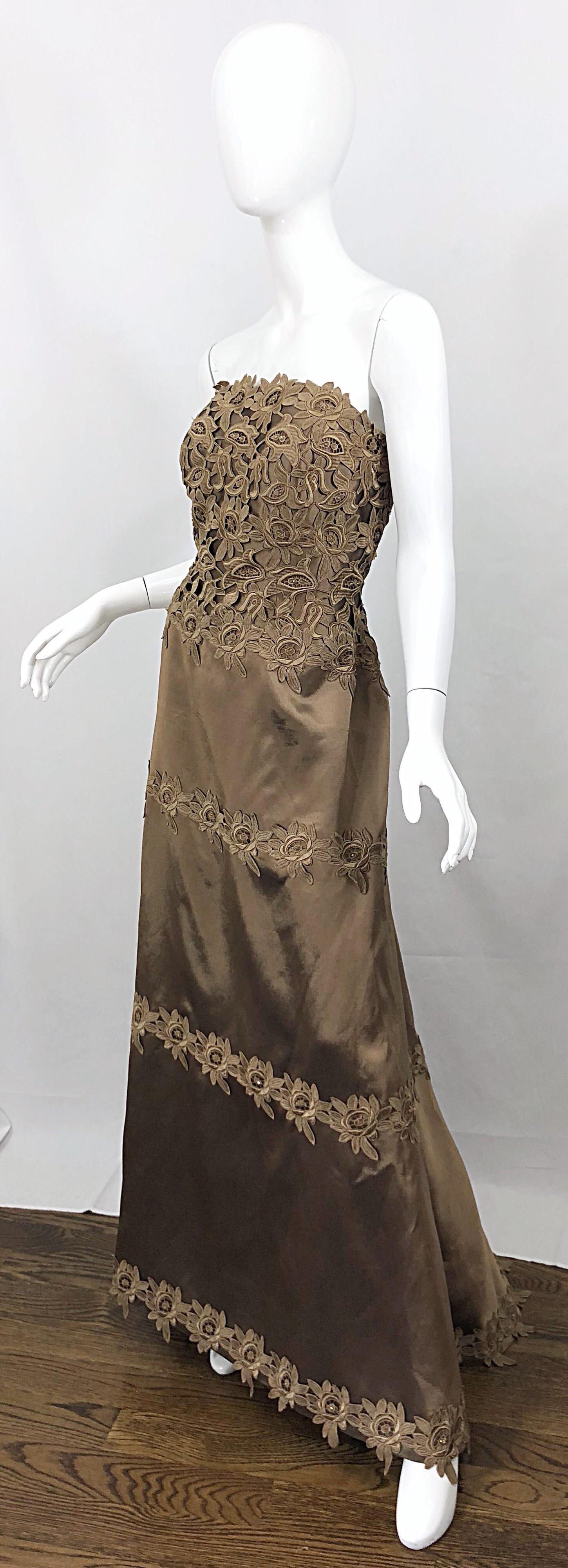 Brown 90s Helen Morley for Saks Size 12 / 14 Taupe Silk Crochet Beaded Strapless Gown For Sale