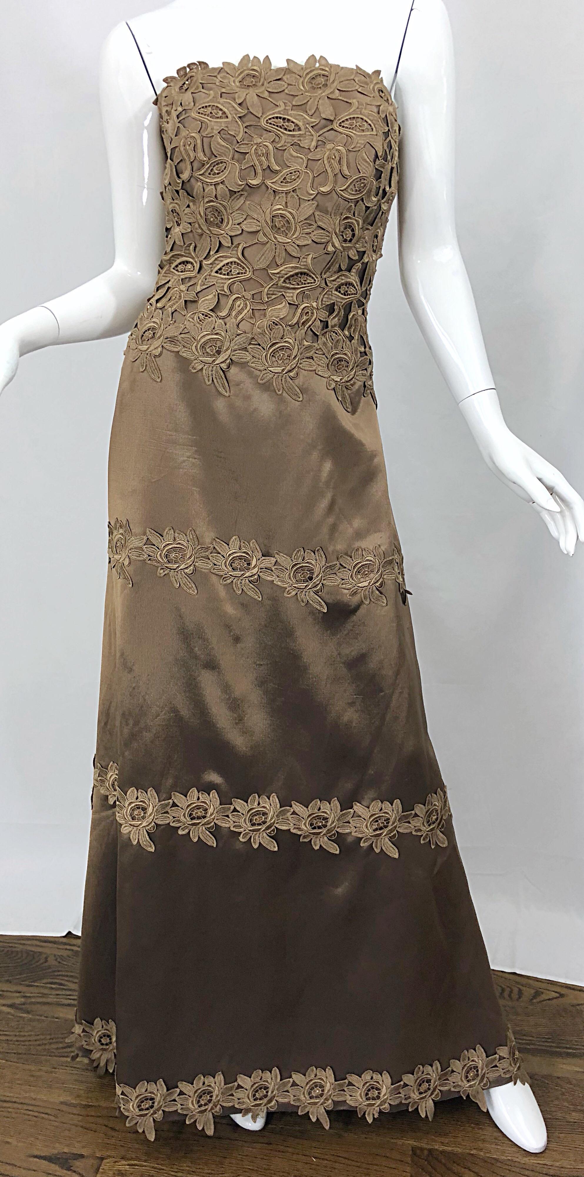 90s Helen Morley for Saks Size 12 Taupe Silk Crochet Beaded Strapless Gown For Sale 1