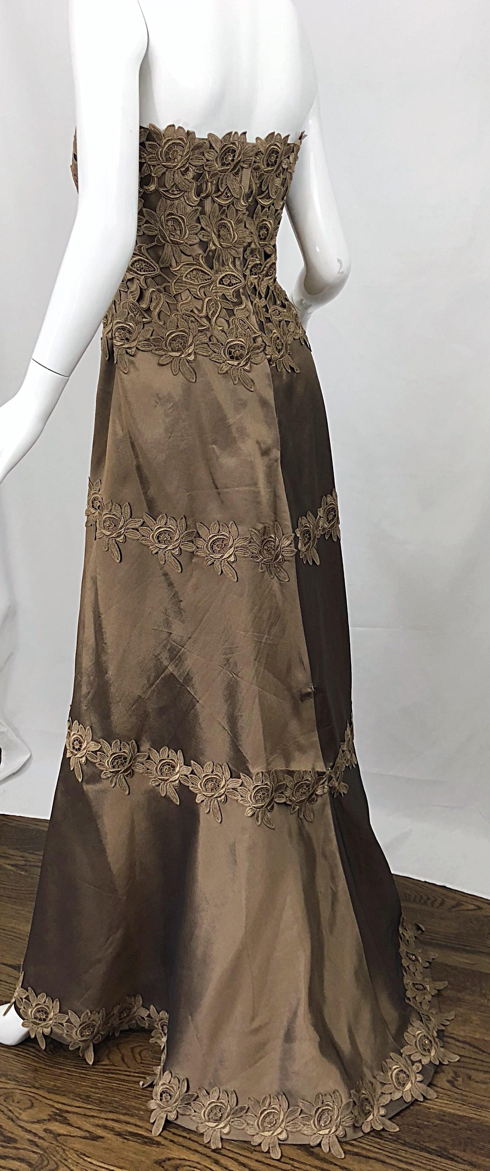 90s Helen Morley for Saks Size 12 / 14 Taupe Silk Crochet Beaded Strapless Gown For Sale 3