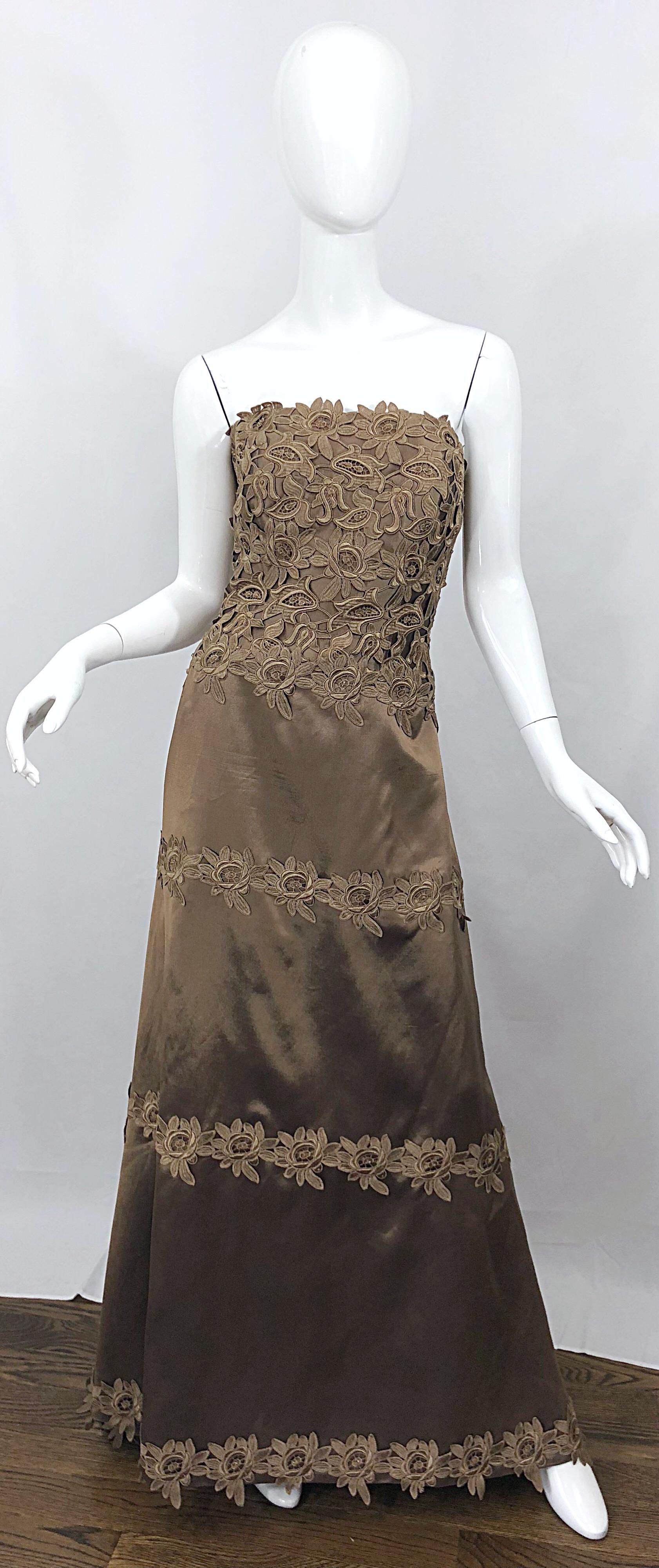 90s Helen Morley for Saks Size 12 Taupe Silk Crochet Beaded Strapless Gown For Sale 6