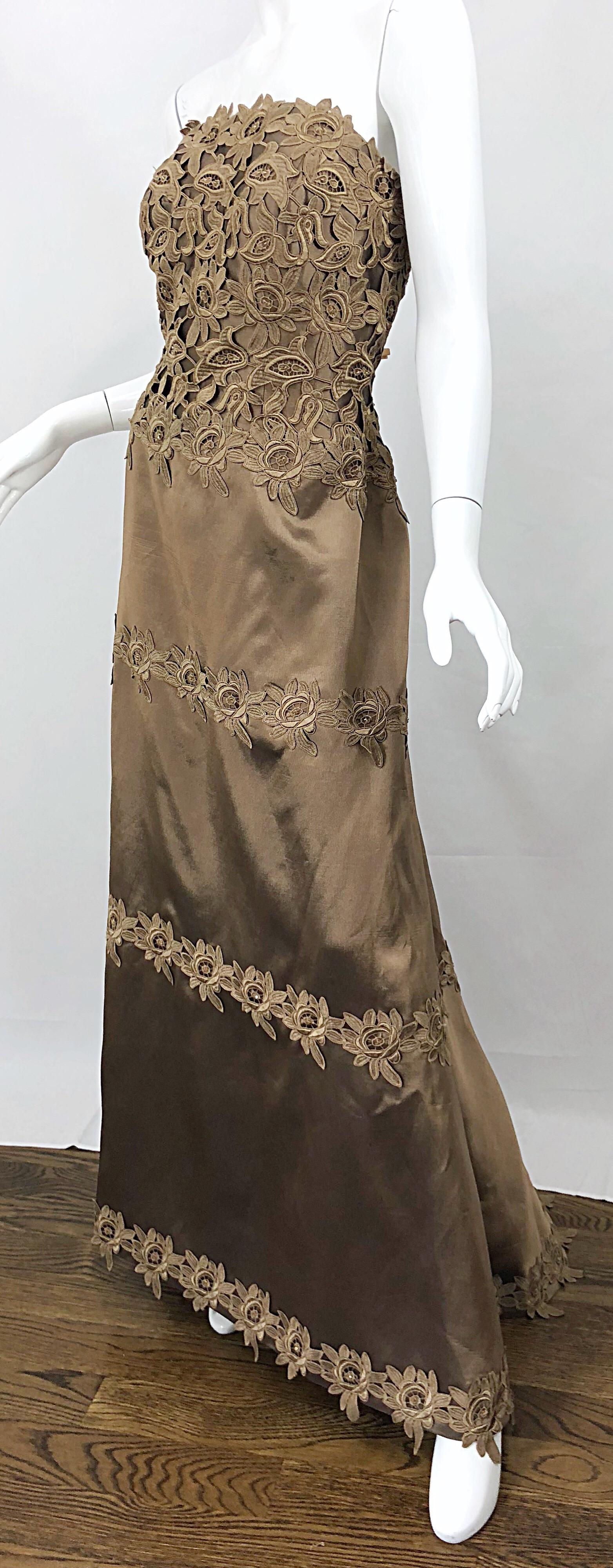 90s Helen Morley for Saks Size 12 Taupe Silk Crochet Beaded Strapless Gown For Sale 4