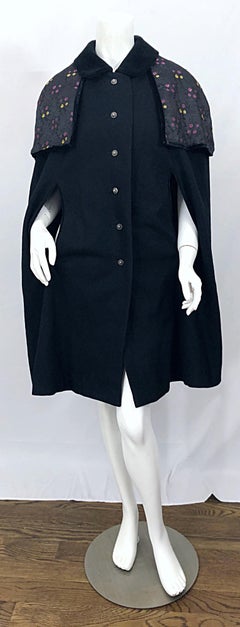 1960s German Made Black Wool Vintage 60s Chic Swing Cape Jacket Coat