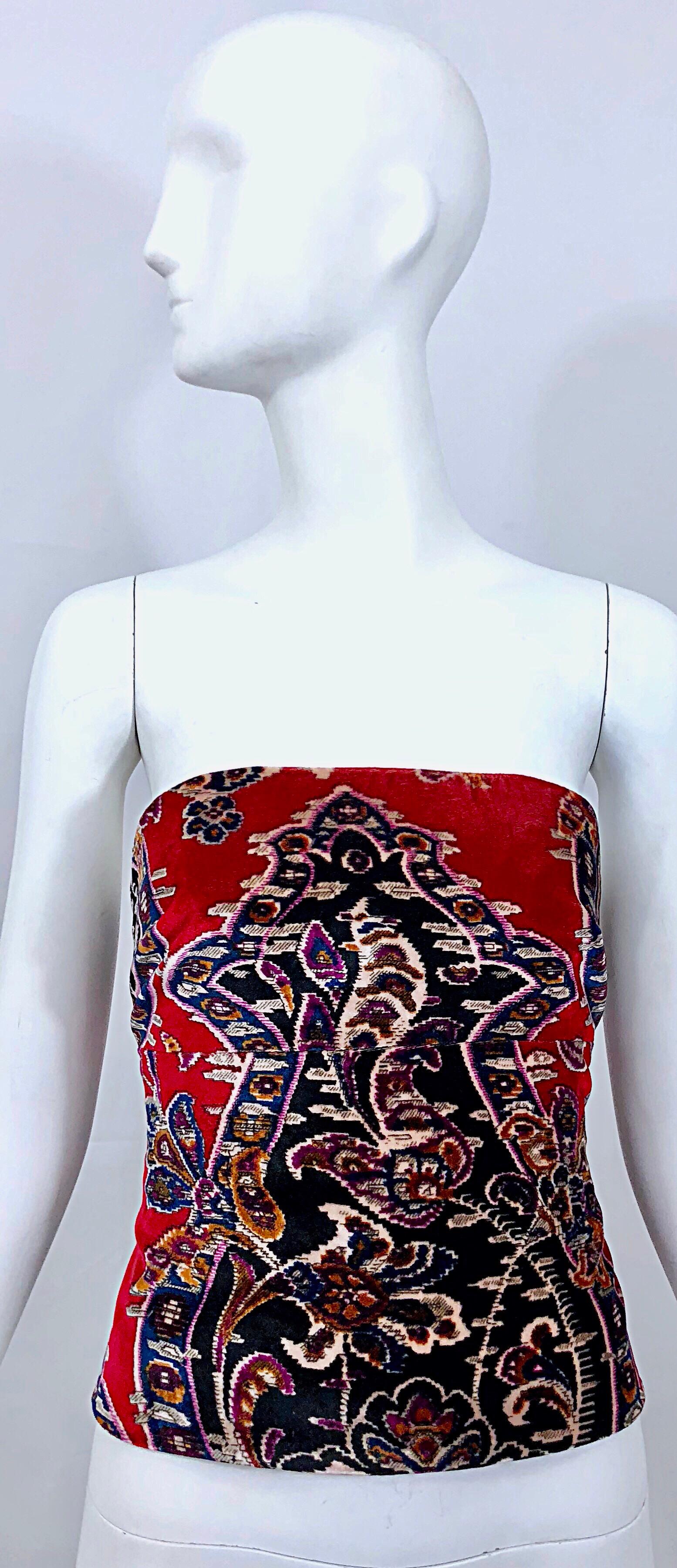 Striking vintage 1990s LILLIE RUBIN red velvet tapestry looking strapless bustier top! At first glance, this top appears to be tapestry, but is actually a super soft rayon velvet. Vibrant warm tones of red, blue, green, purple, ivory, orange and
