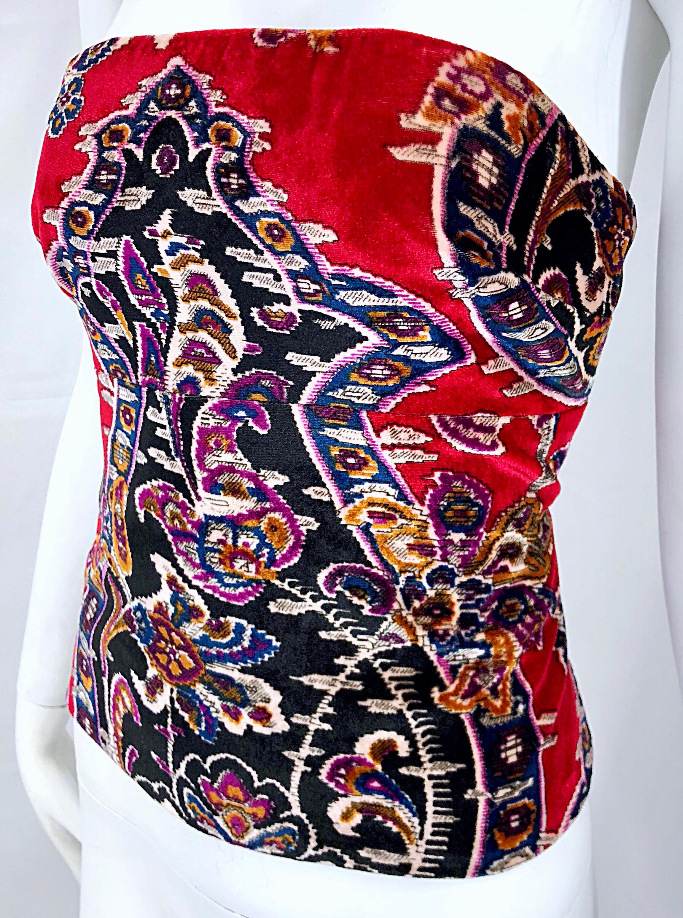 Black Vintage Lillie Rubin 1990s Red Tapestry Velvet  Strapless Bustier 90s Top Corset For Sale