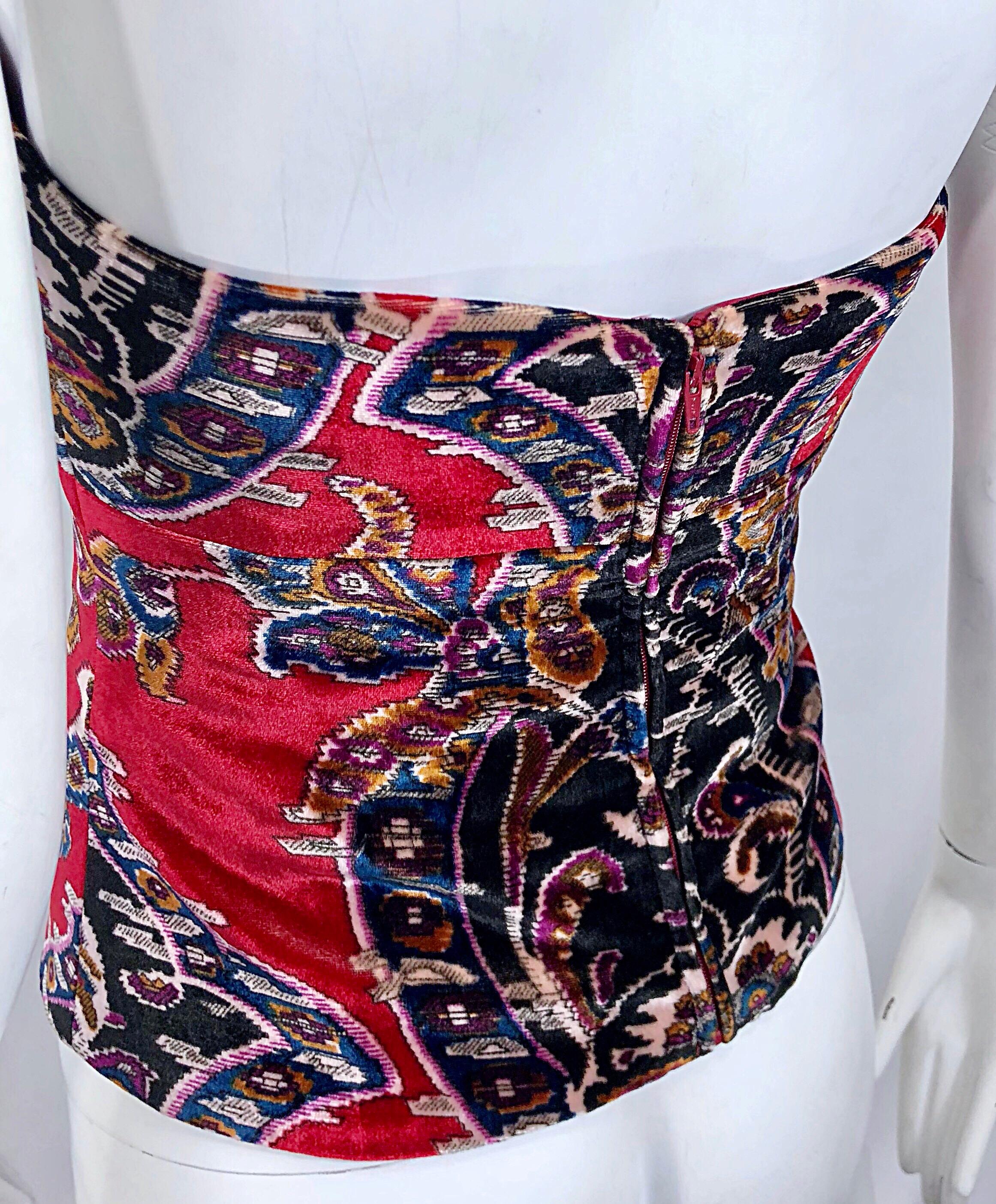 Vintage Lillie Rubin 1990s Red Tapestry Velvet  Strapless Bustier 90s Top Corset In Excellent Condition For Sale In San Diego, CA
