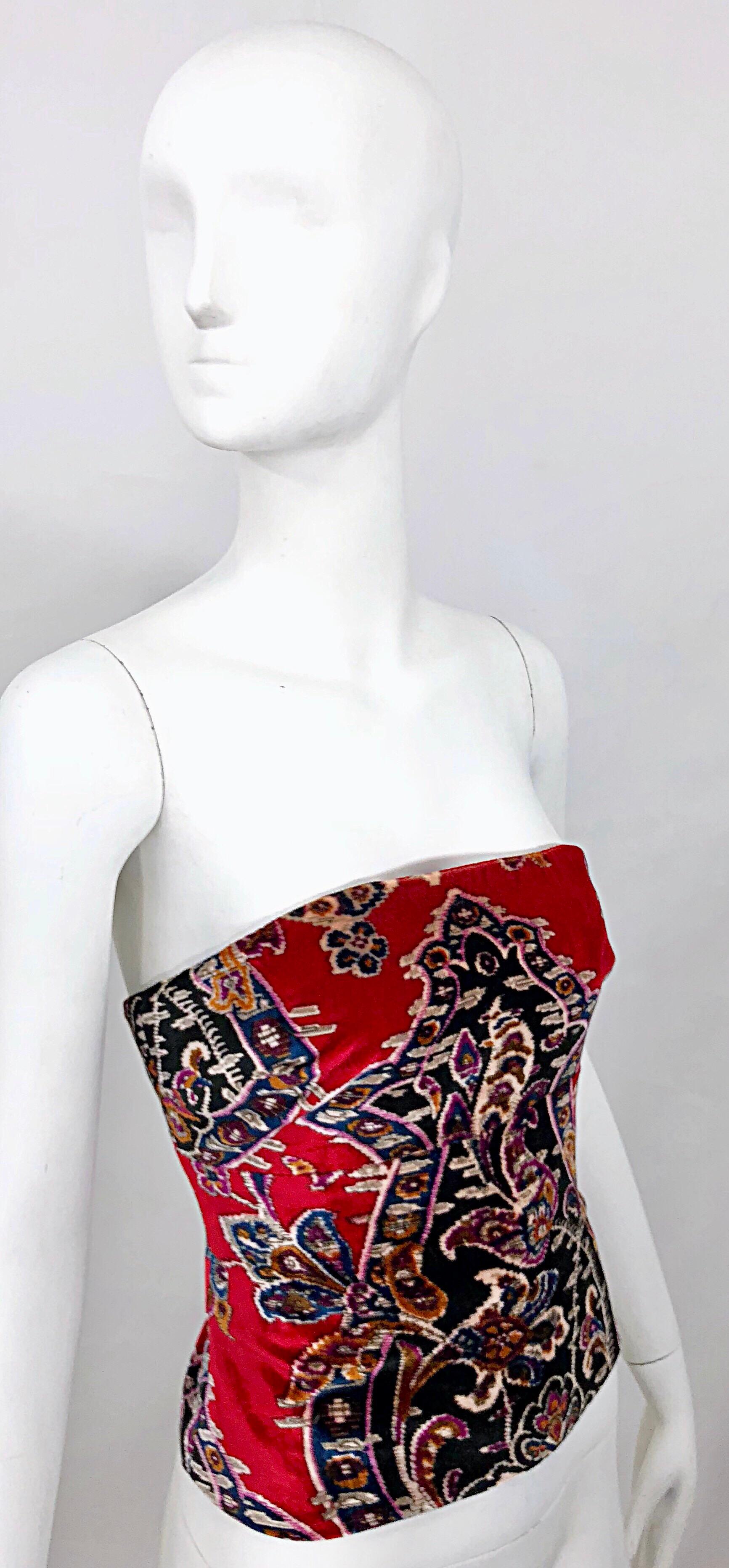 Women's Vintage Lillie Rubin 1990s Red Tapestry Velvet  Strapless Bustier 90s Top Corset For Sale