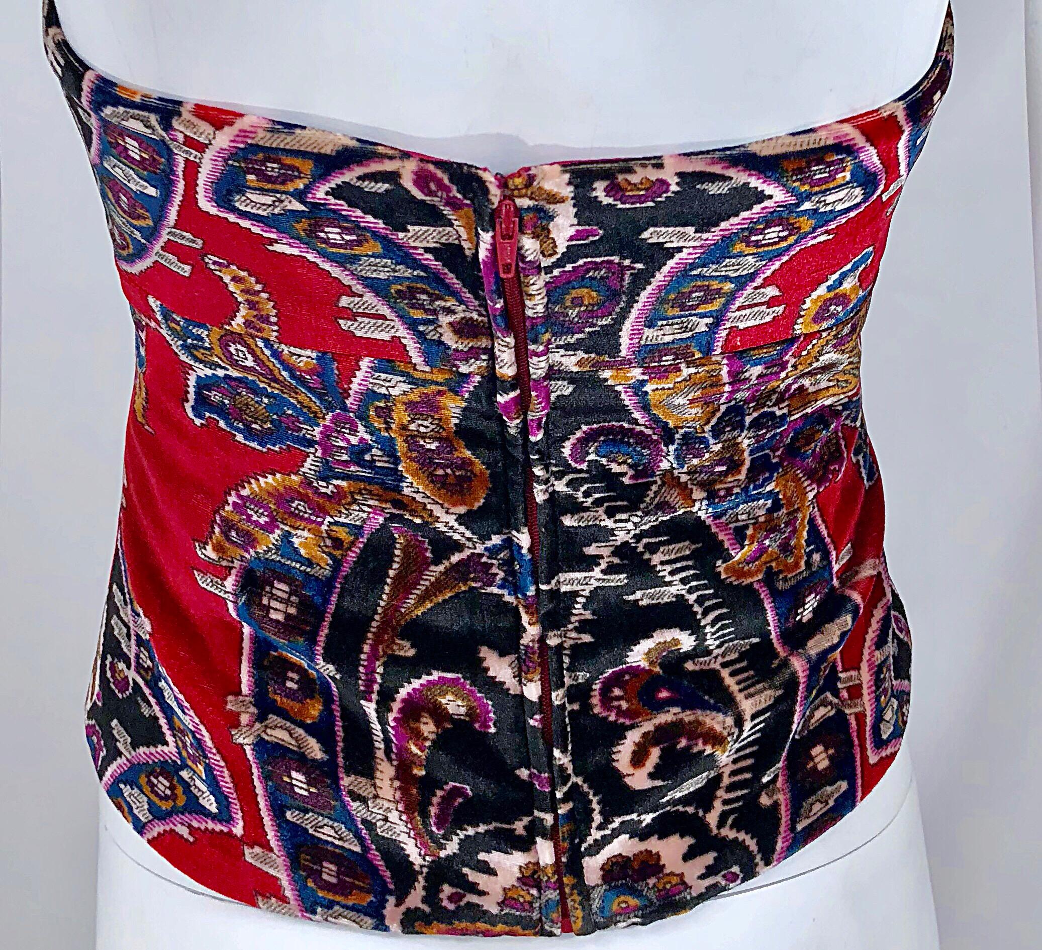 Vintage Lillie Rubin 1990s Red Tapestry Velvet  Strapless Bustier 90s Top Corset For Sale 2