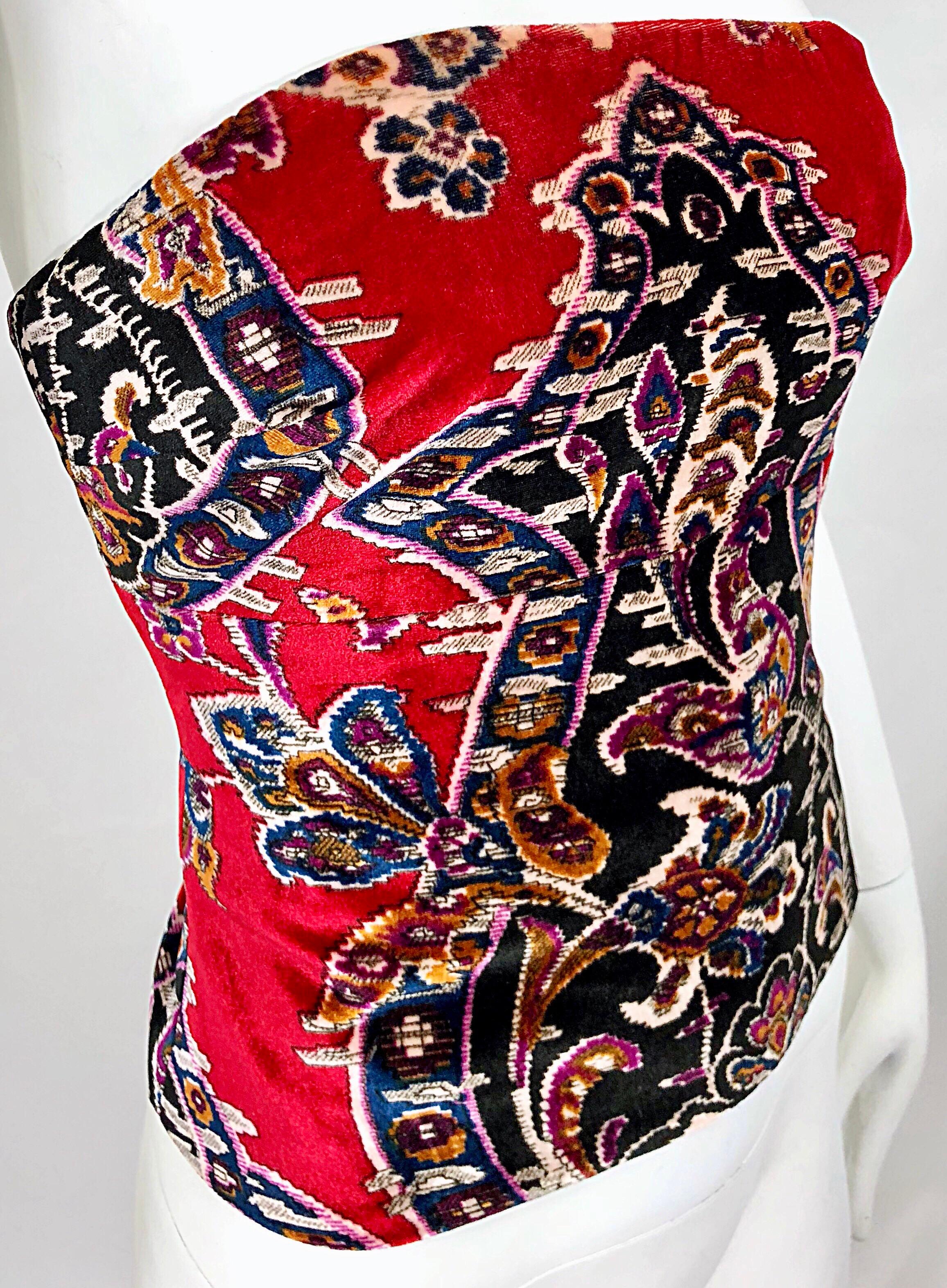 Vintage Lillie Rubin 1990s Red Tapestry Velvet  Strapless Bustier 90s Top Corset For Sale 4