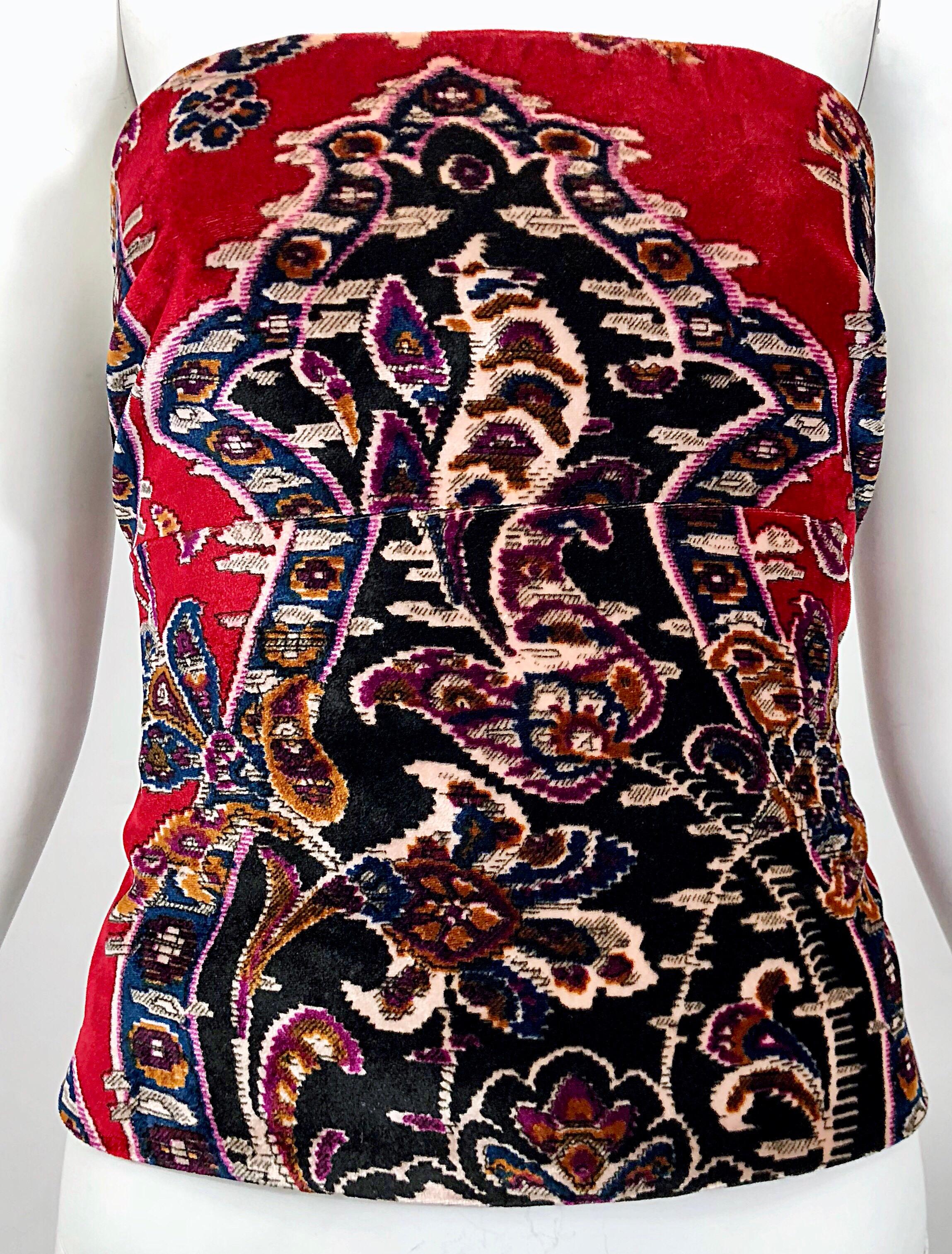 Vintage Lillie Rubin 1990s Red Tapestry Velvet  Strapless Bustier 90s Top Corset For Sale 5