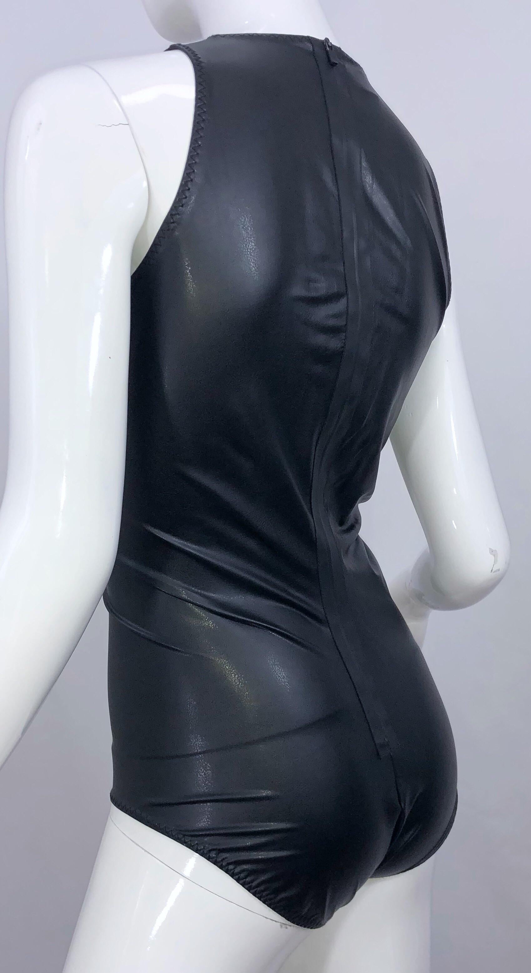 New 1990s Bottega Veneta Size 44 / 12 Black Pleather Dominatrix Fetish Bodysuit In Excellent Condition In San Diego, CA