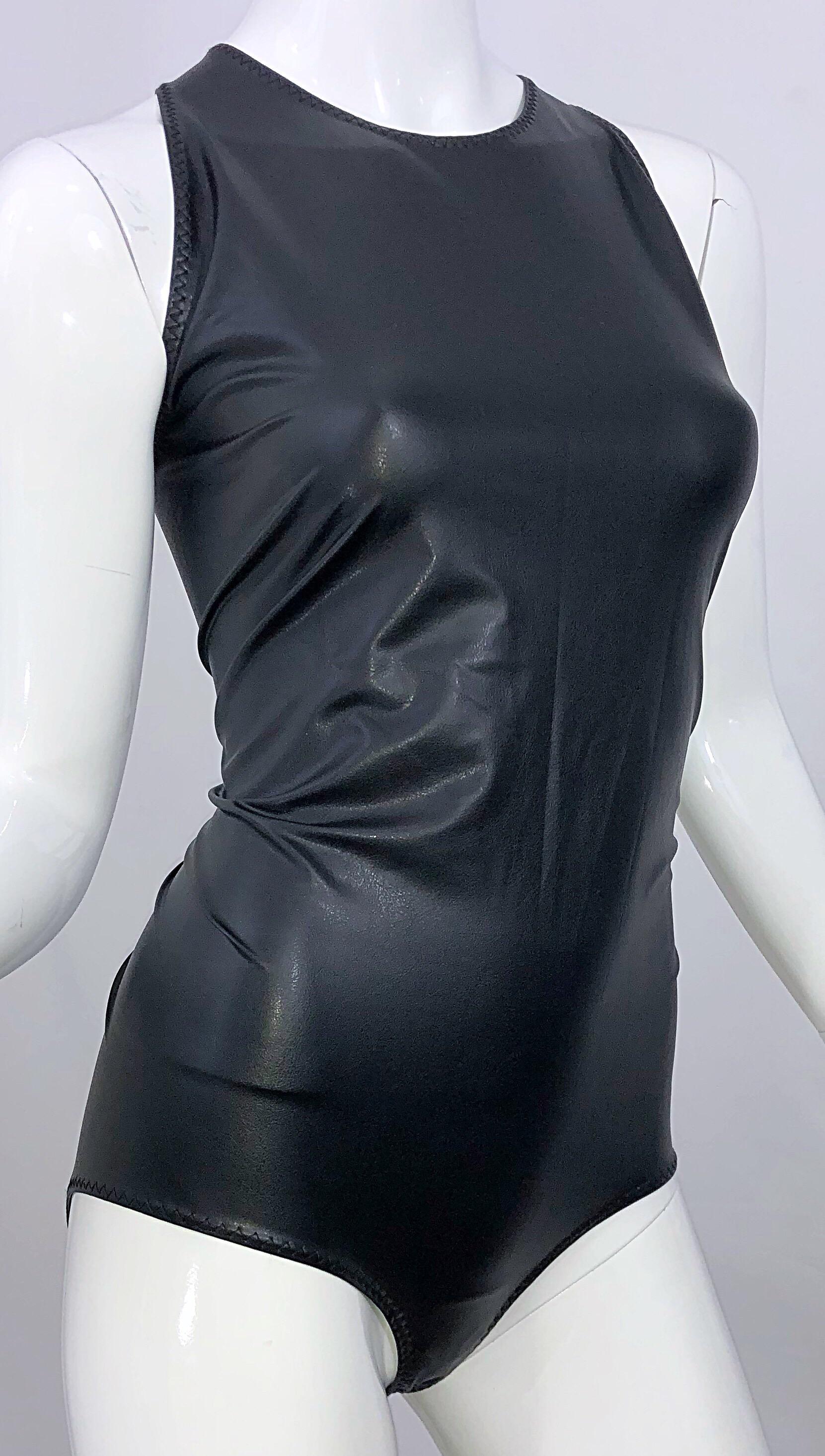 Women's New 1990s Bottega Veneta Size 44 / 12 Black Pleather Dominatrix Fetish Bodysuit