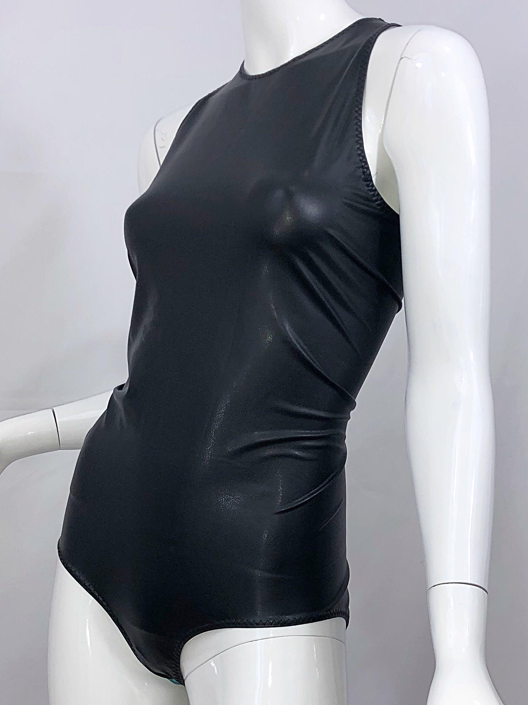 New 1990s Bottega Veneta Size 44 / 12 Black Pleather Dominatrix Fetish Bodysuit 1
