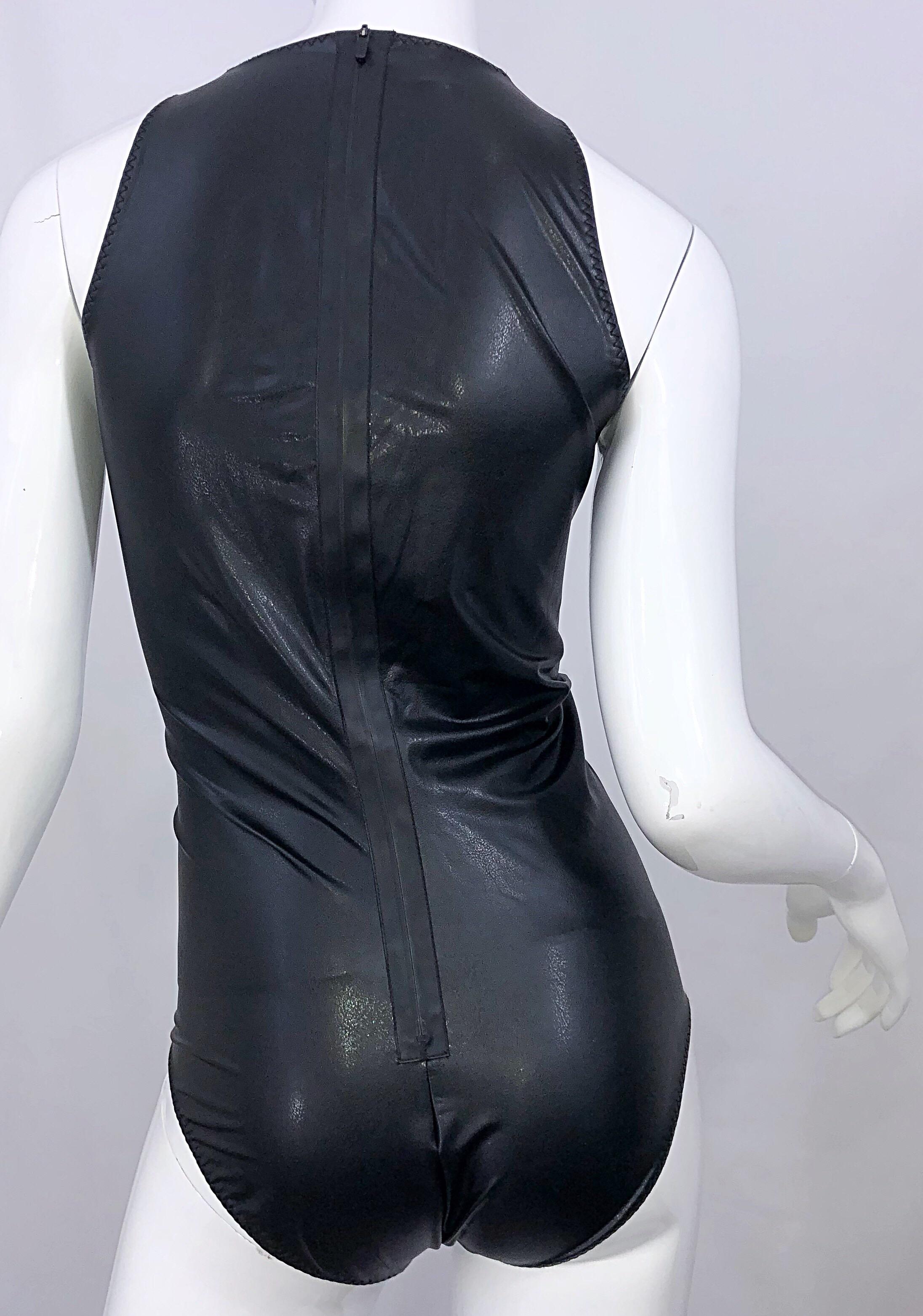 New 1990s Bottega Veneta Size 44 / 12 Black Pleather Dominatrix Fetish Bodysuit 2