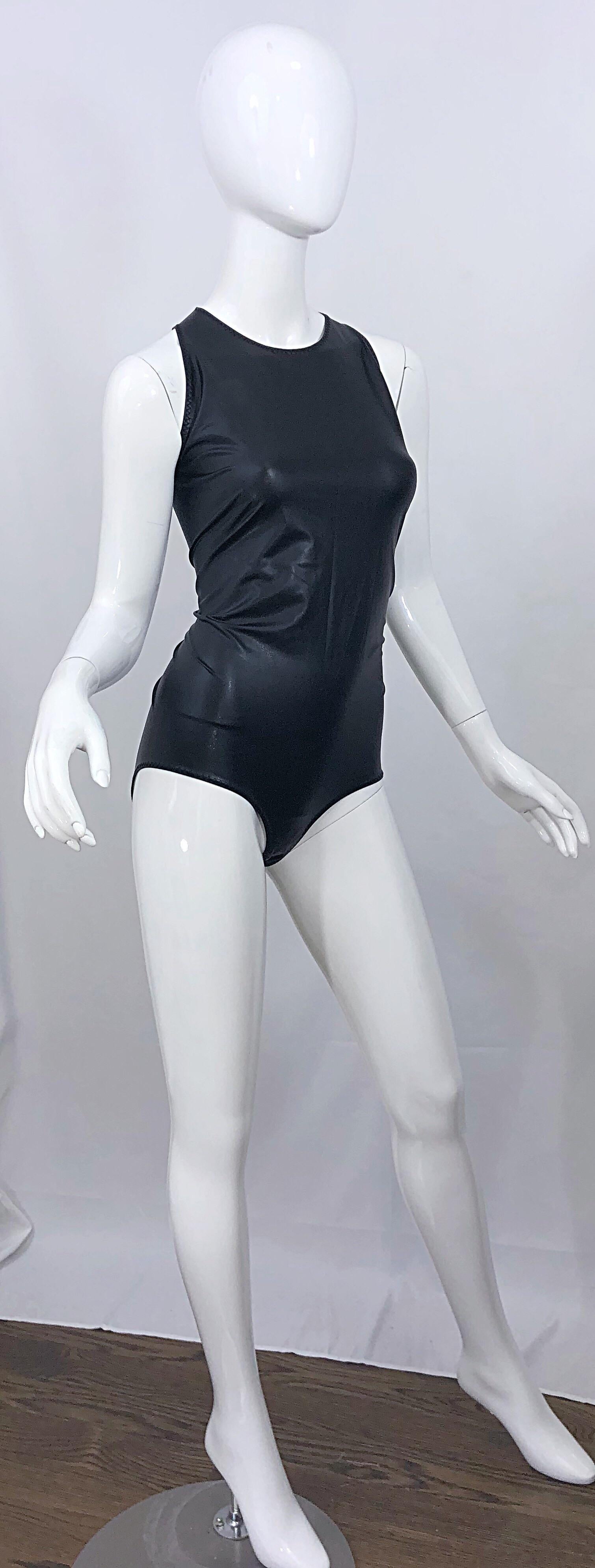 New 1990s Bottega Veneta Size 44 / 12 Black Pleather Dominatrix Fetish Bodysuit 3
