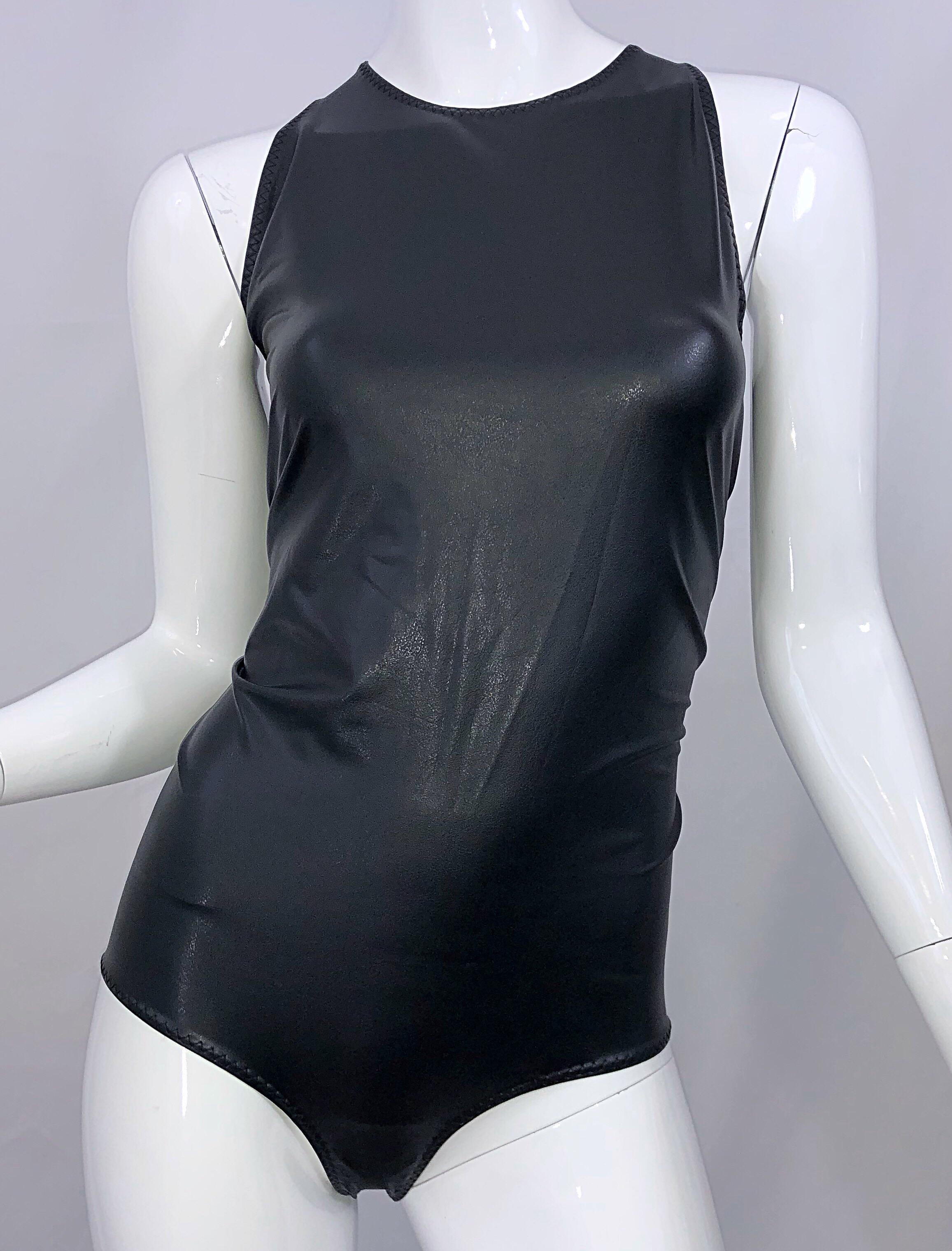 New 1990s Bottega Veneta Size 44 / 12 Black Pleather Dominatrix Fetish Bodysuit 4