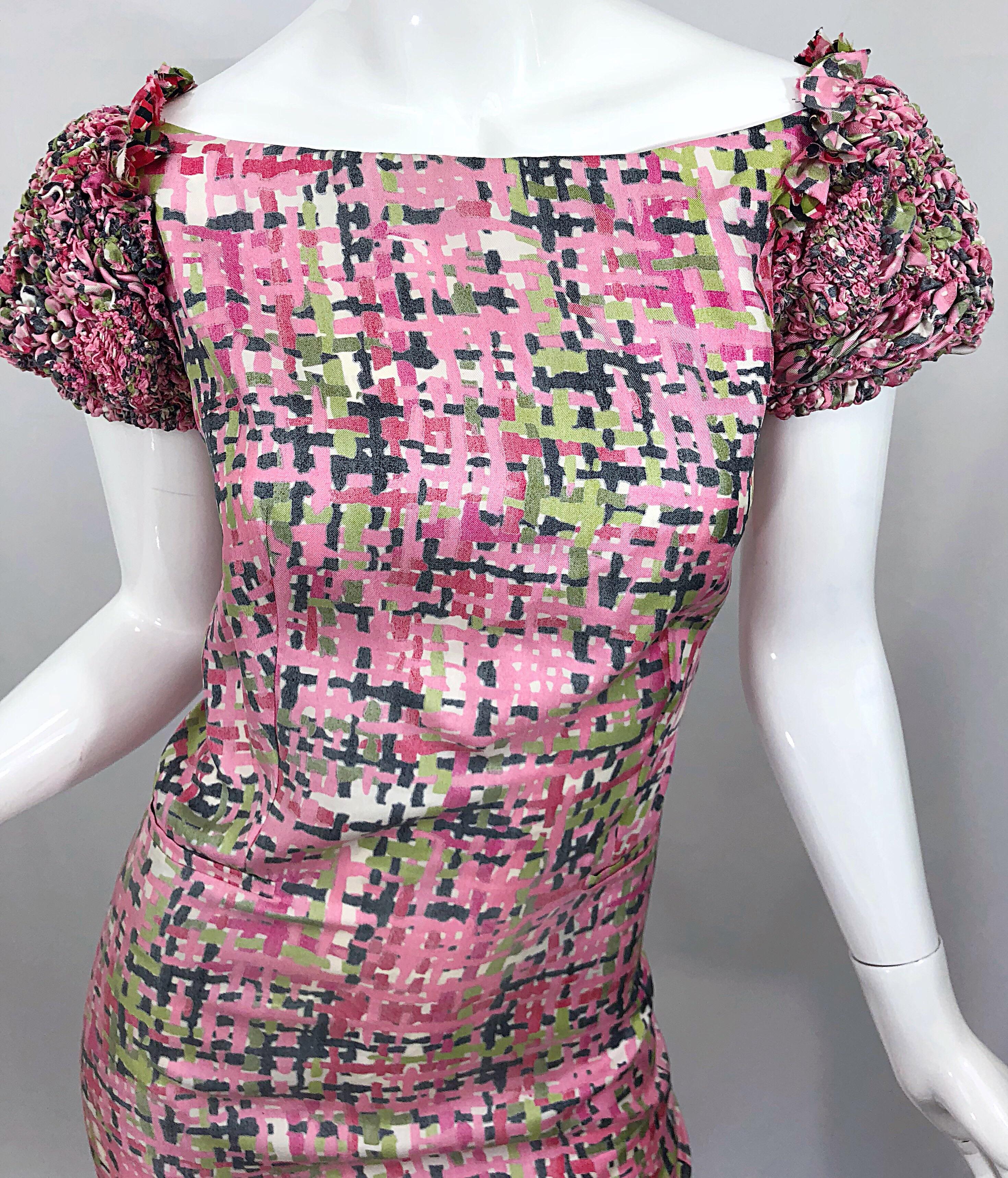 Brown New Yves Saint Laurent Size 38 / 8 Pink and Green Silk Puff Sleeve Sheath Dress For Sale