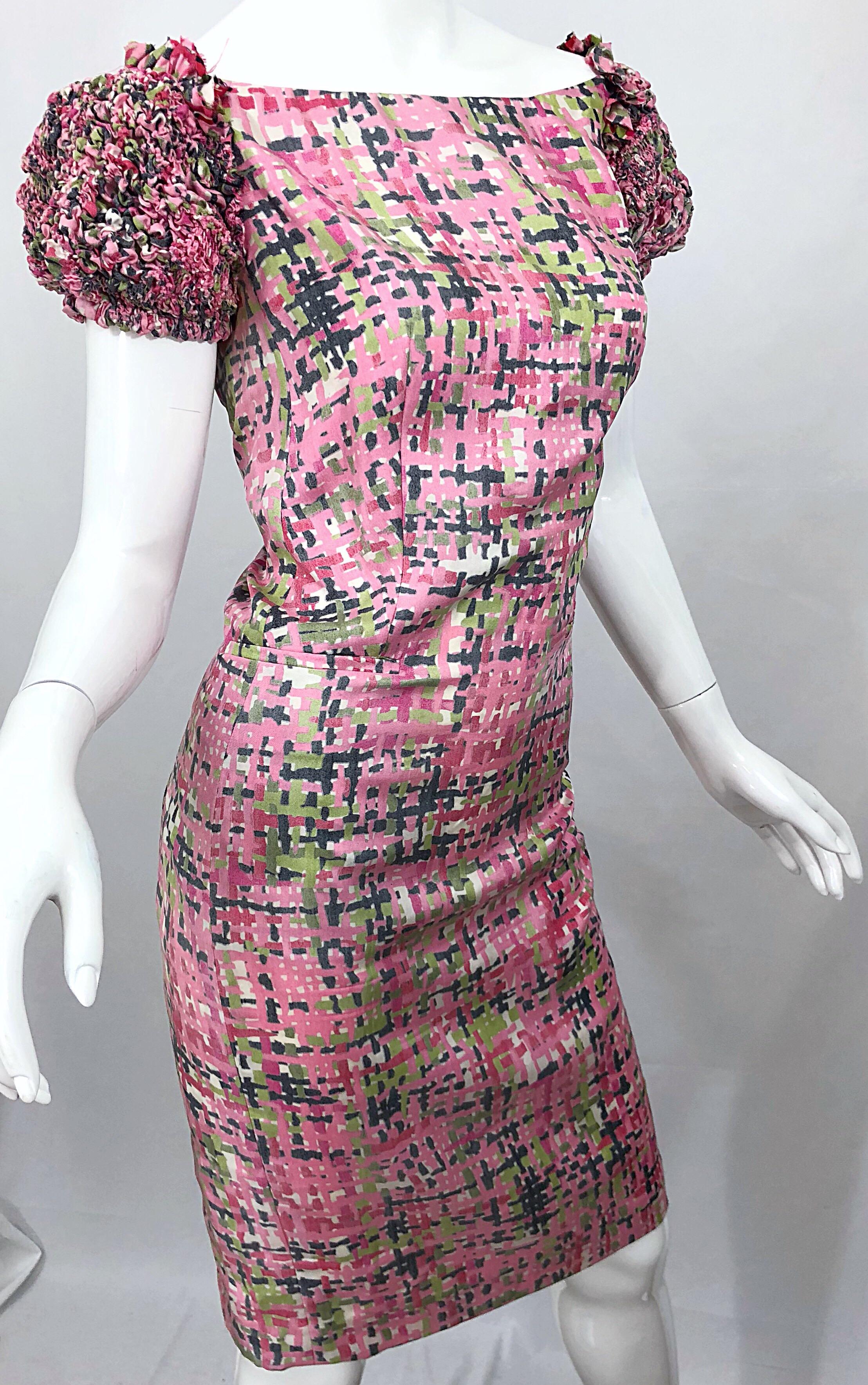 New Yves Saint Laurent Size 38 / 8 Pink and Green Silk Puff Sleeve Sheath Dress In New Condition For Sale In San Diego, CA