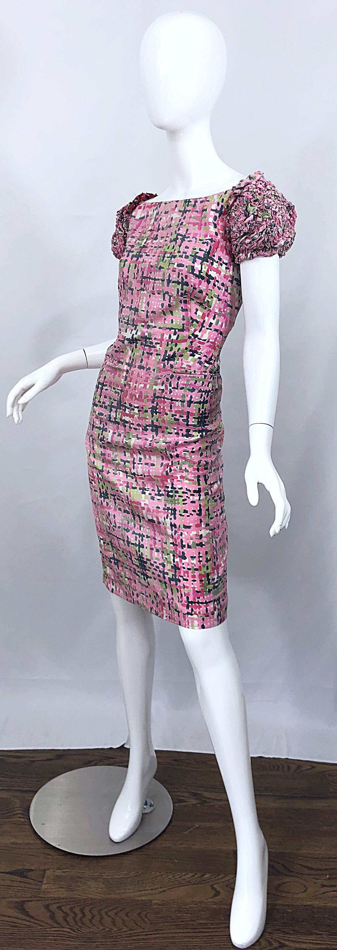 Women's New Yves Saint Laurent Size 38 / 8 Pink and Green Silk Puff Sleeve Sheath Dress For Sale