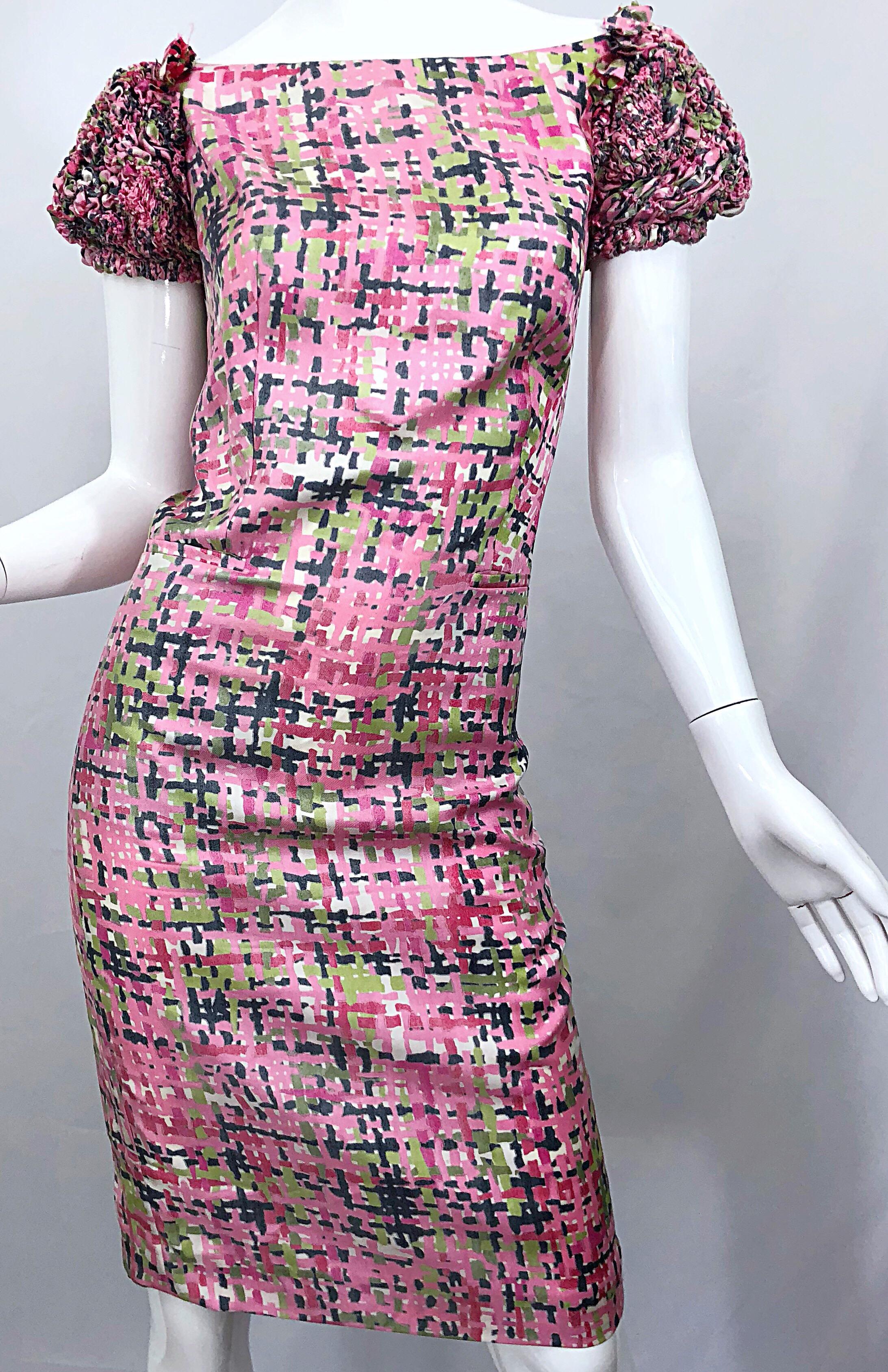 New Yves Saint Laurent Size 38 / 8 Pink and Green Silk Puff Sleeve Sheath Dress For Sale 1