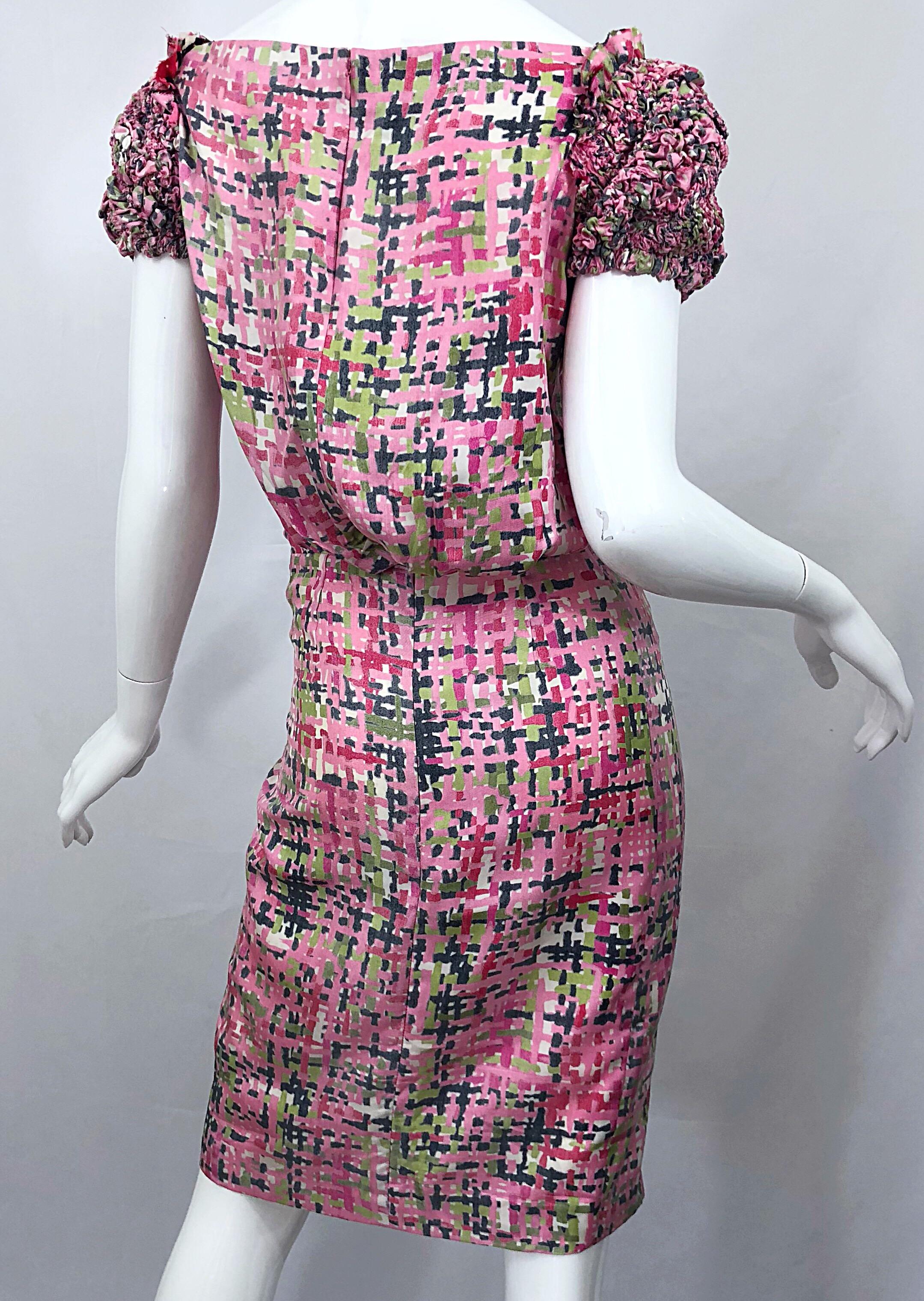 New Yves Saint Laurent Size 38 / 8 Pink and Green Silk Puff Sleeve Sheath Dress For Sale 3