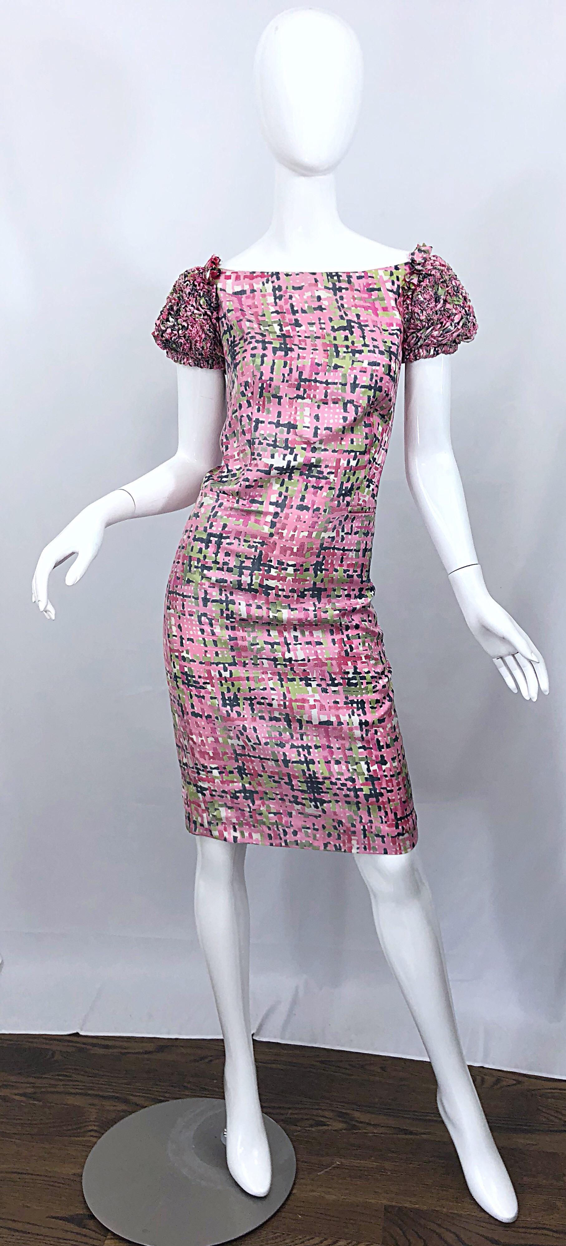 New Yves Saint Laurent Size 38 / 8 Pink and Green Silk Puff Sleeve Sheath Dress For Sale 6
