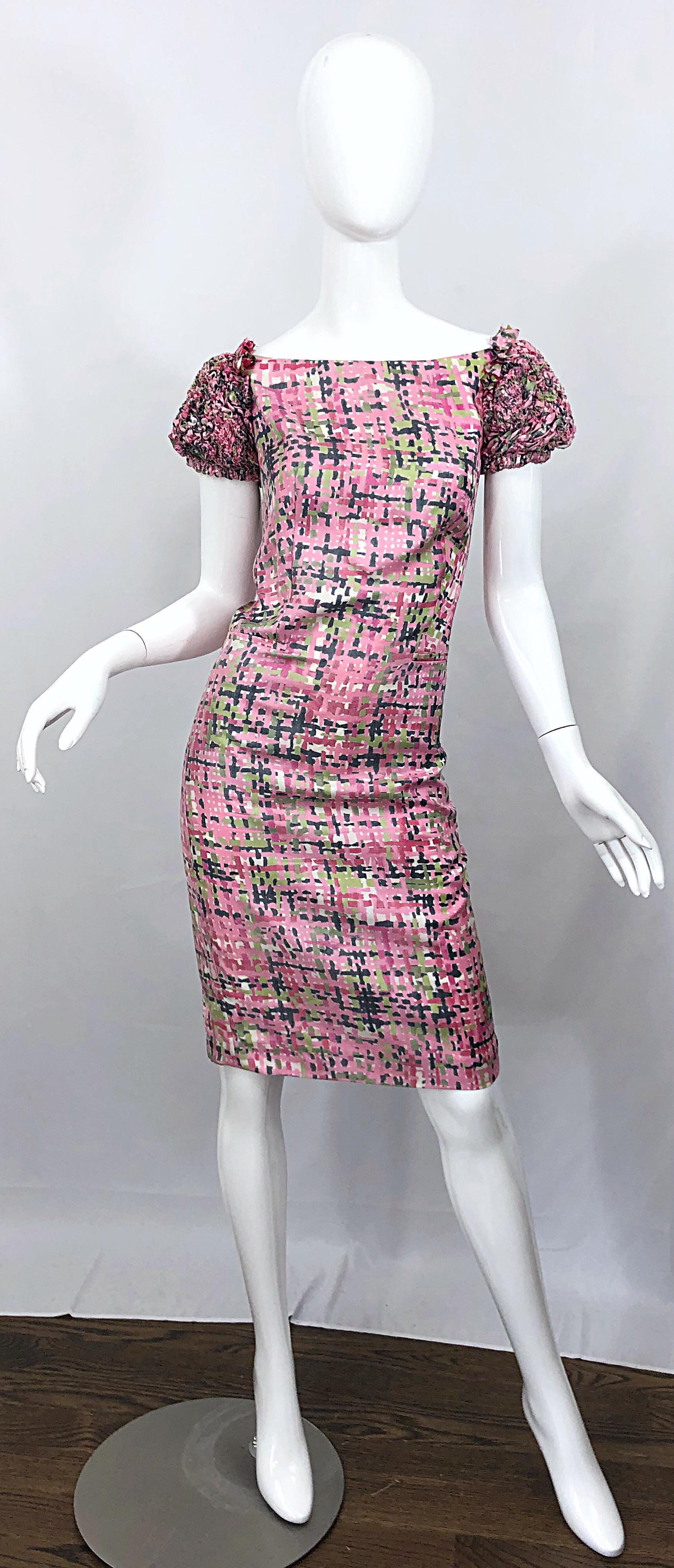 New Yves Saint Laurent Size 38 / 8 Pink and Green Silk Puff Sleeve Sheath Dress For Sale 8