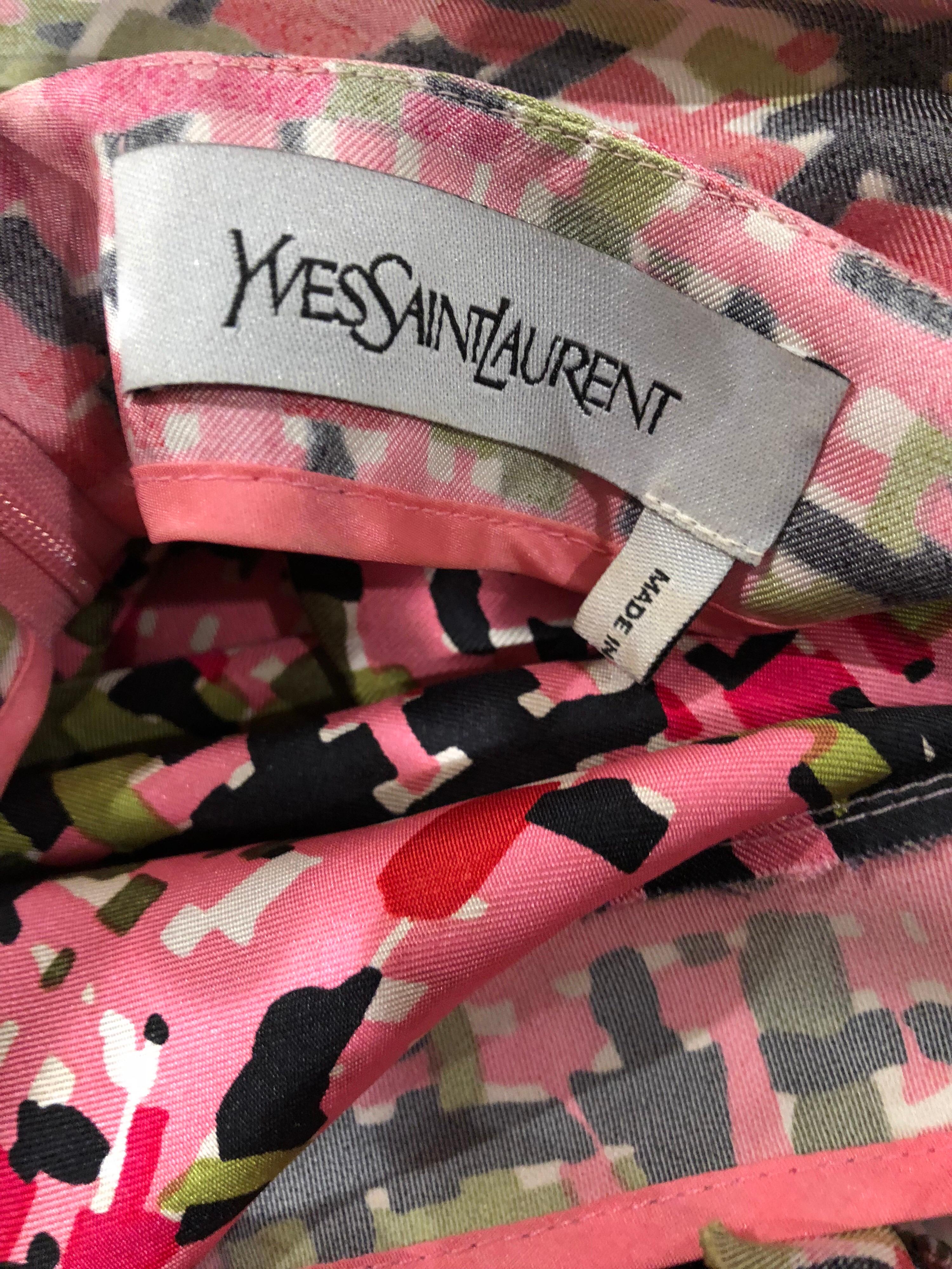 New Yves Saint Laurent Size 38 / 8 Pink and Green Silk Puff Sleeve Sheath Dress For Sale 9
