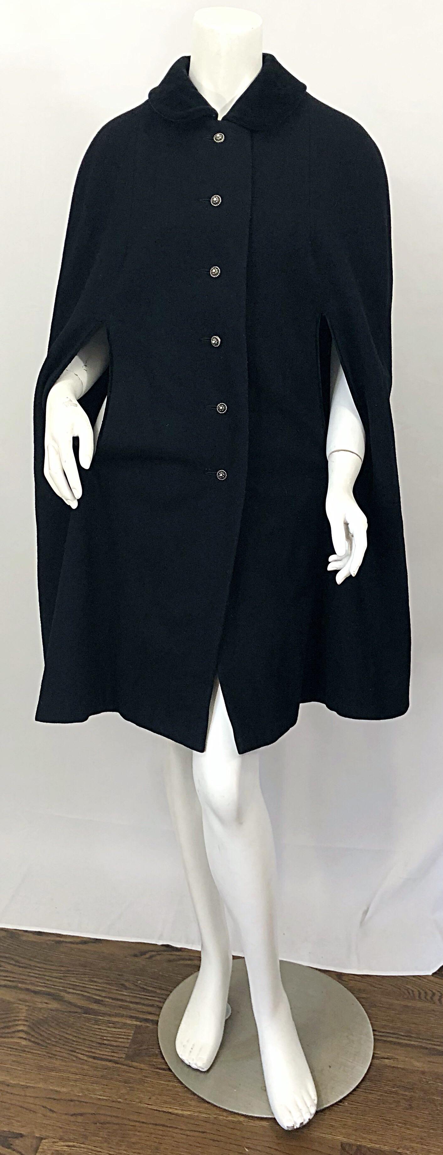 Women's 1960s German Made Black Wool Vintage 60s Chic Swing Cape Jacket Coat For Sale