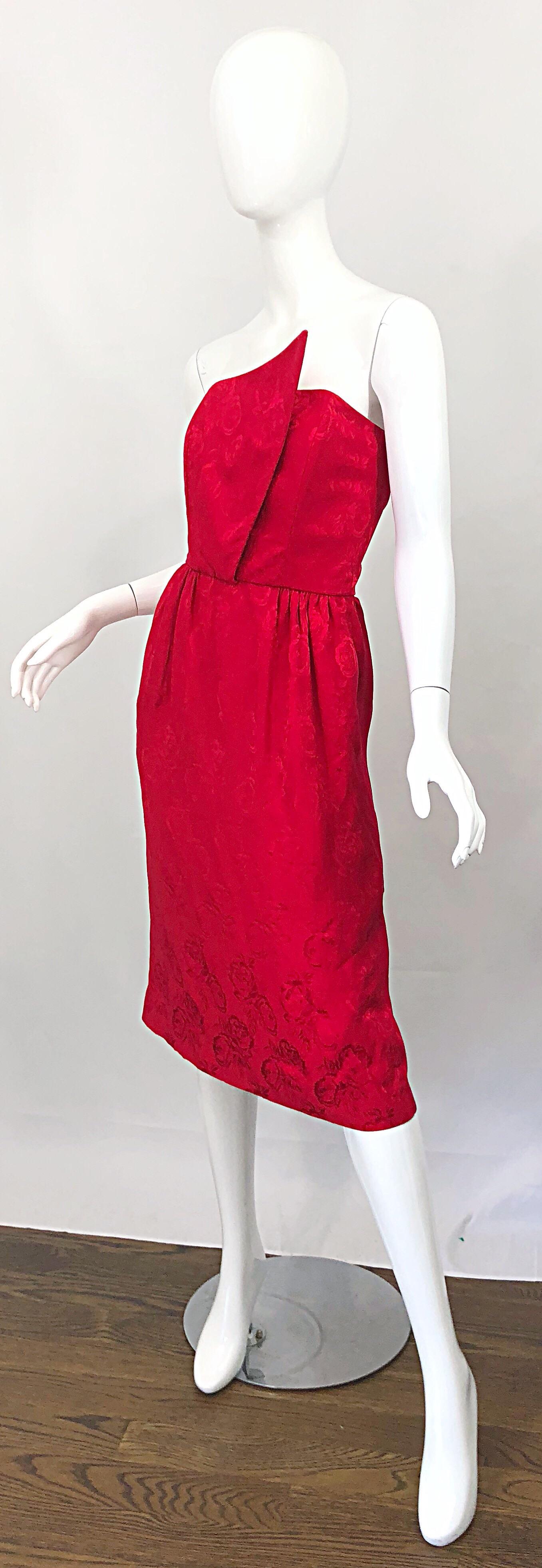 1990s Holiday Lipstick Red Avant Garde Silk Flower Vintage 90s Strapless Dress In Excellent Condition For Sale In San Diego, CA