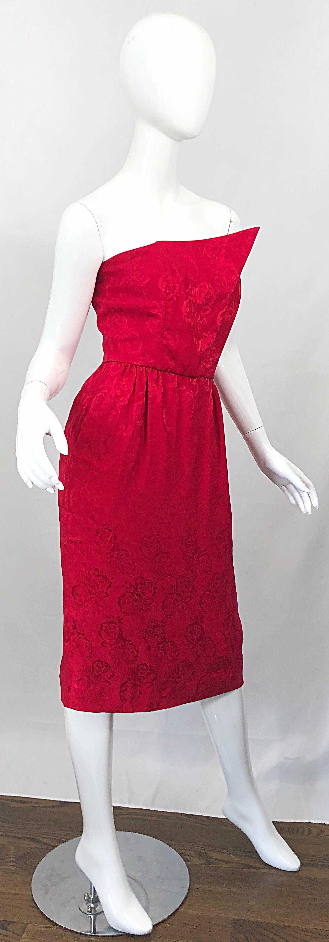 1990s Holiday Lipstick Red Avant Garde Silk Flower Vintage 90s Strapless Dress For Sale 1