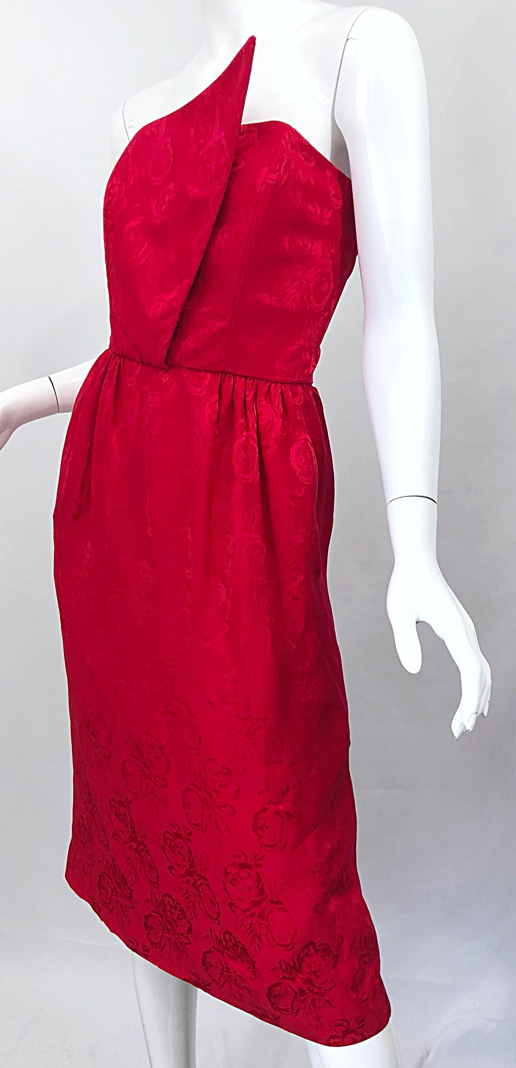 1990s Holiday Lipstick Red Avant Garde Silk Flower Vintage 90s Strapless Dress For Sale 4