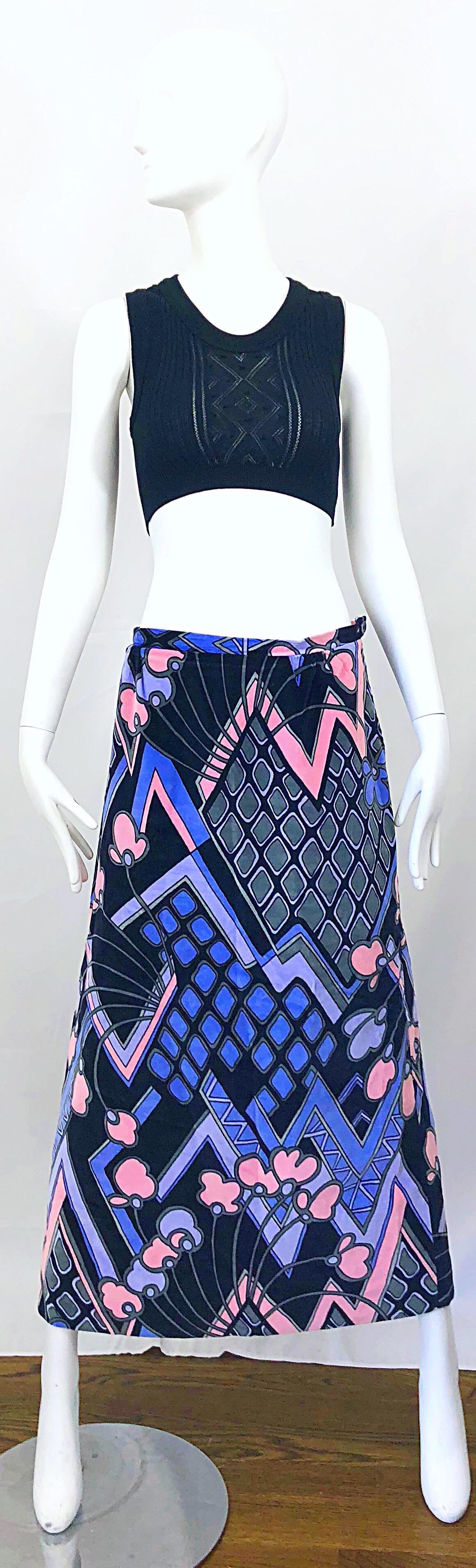 Rare 1970s NIEDIECK velvet Pucci style plus size maxi skirt! Features super soft velvet Niedieck is known for. Hidden zipper up the side with button closure. Vibrant colors of purple, lavender, pink, blue and black. Can easily be dressed up or down.