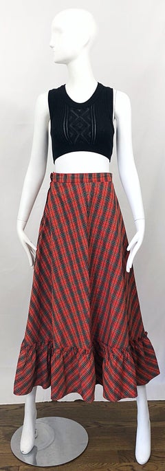 1970s Red Plaid Cotton Voile Ruffled Hem Vintage 70s Maxi Skirt