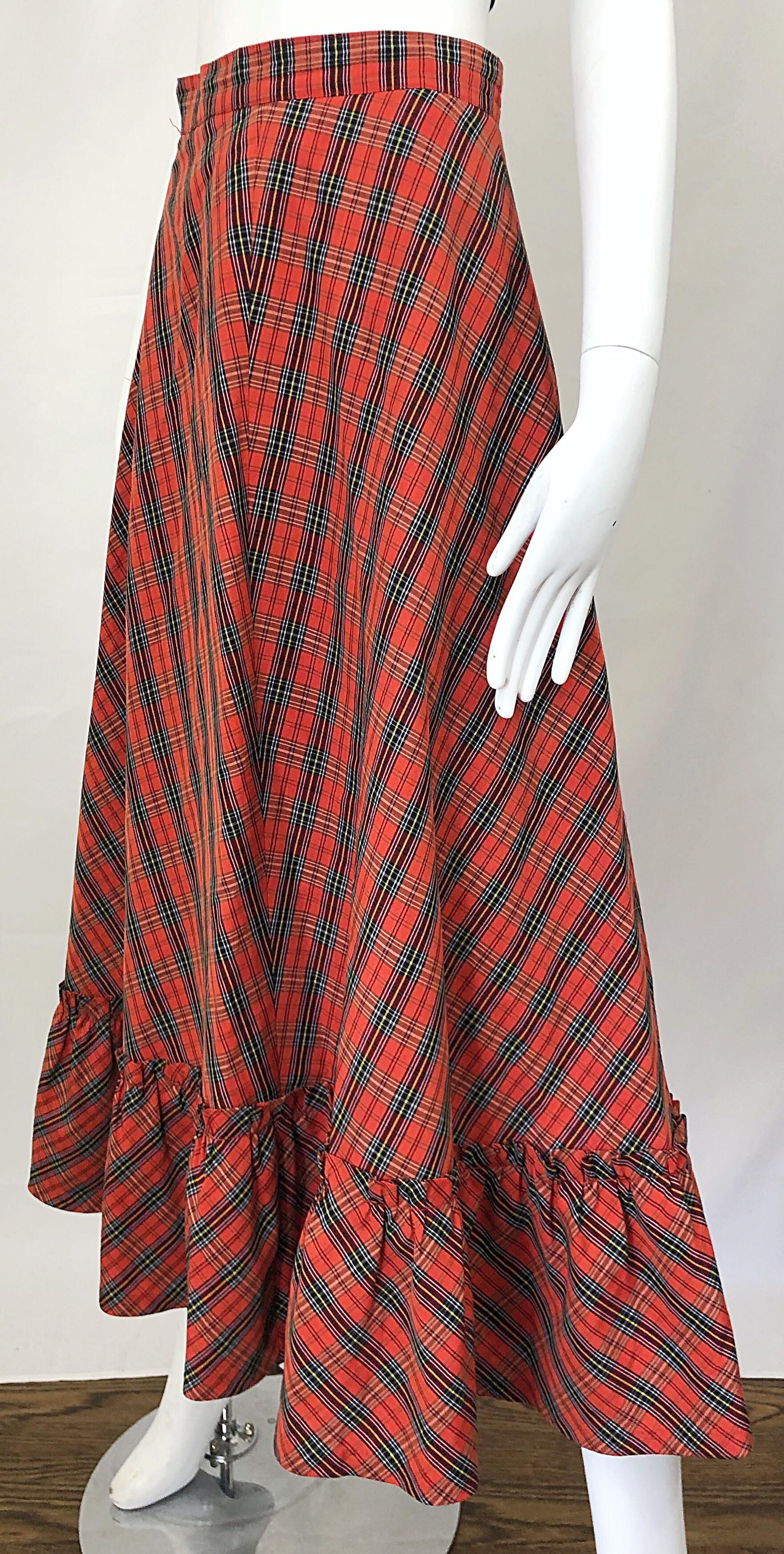 1970s Red Plaid Cotton Voile Ruffled Hem Vintage 70s Maxi Skirt For ...