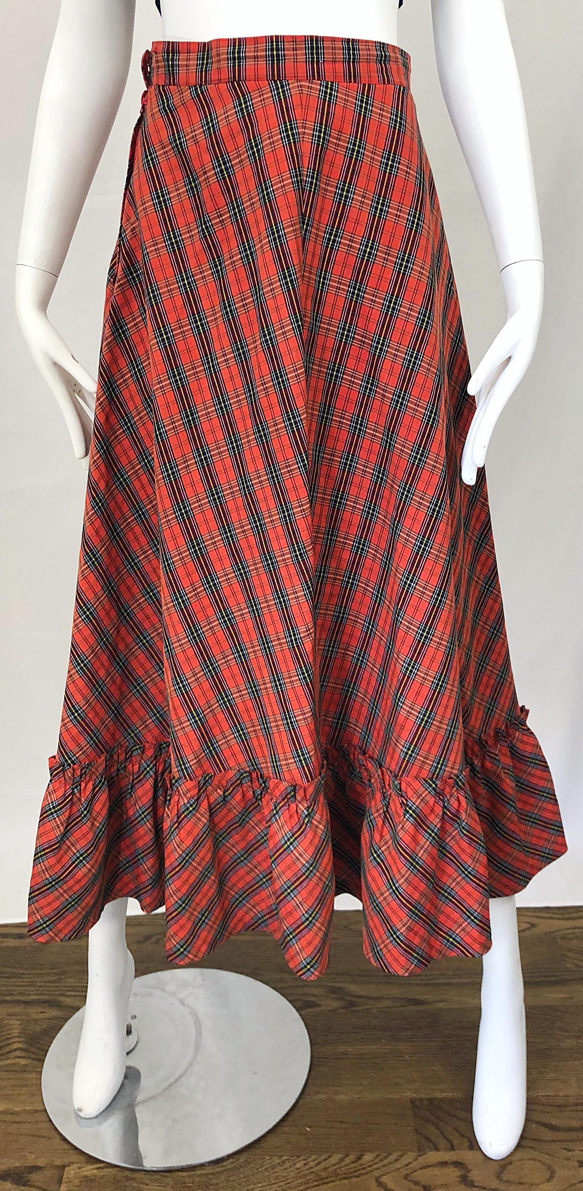 1970s Red Plaid Cotton Voile Ruffled Hem Vintage 70s Maxi Skirt For Sale 1