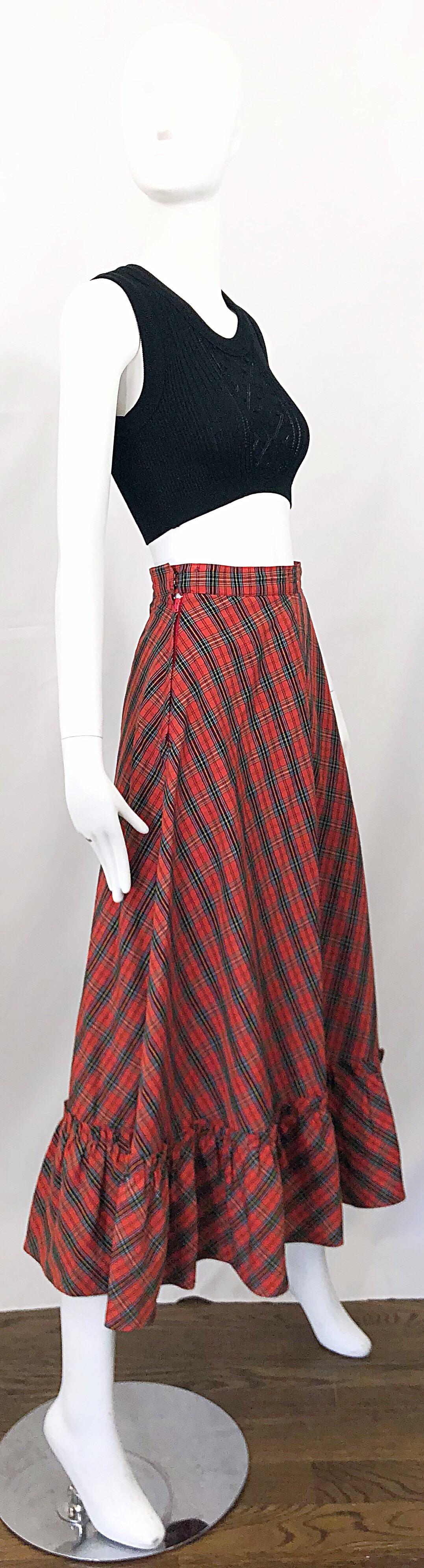 1970s Red Plaid Cotton Voile Ruffled Hem Vintage 70s Maxi Skirt For Sale 2
