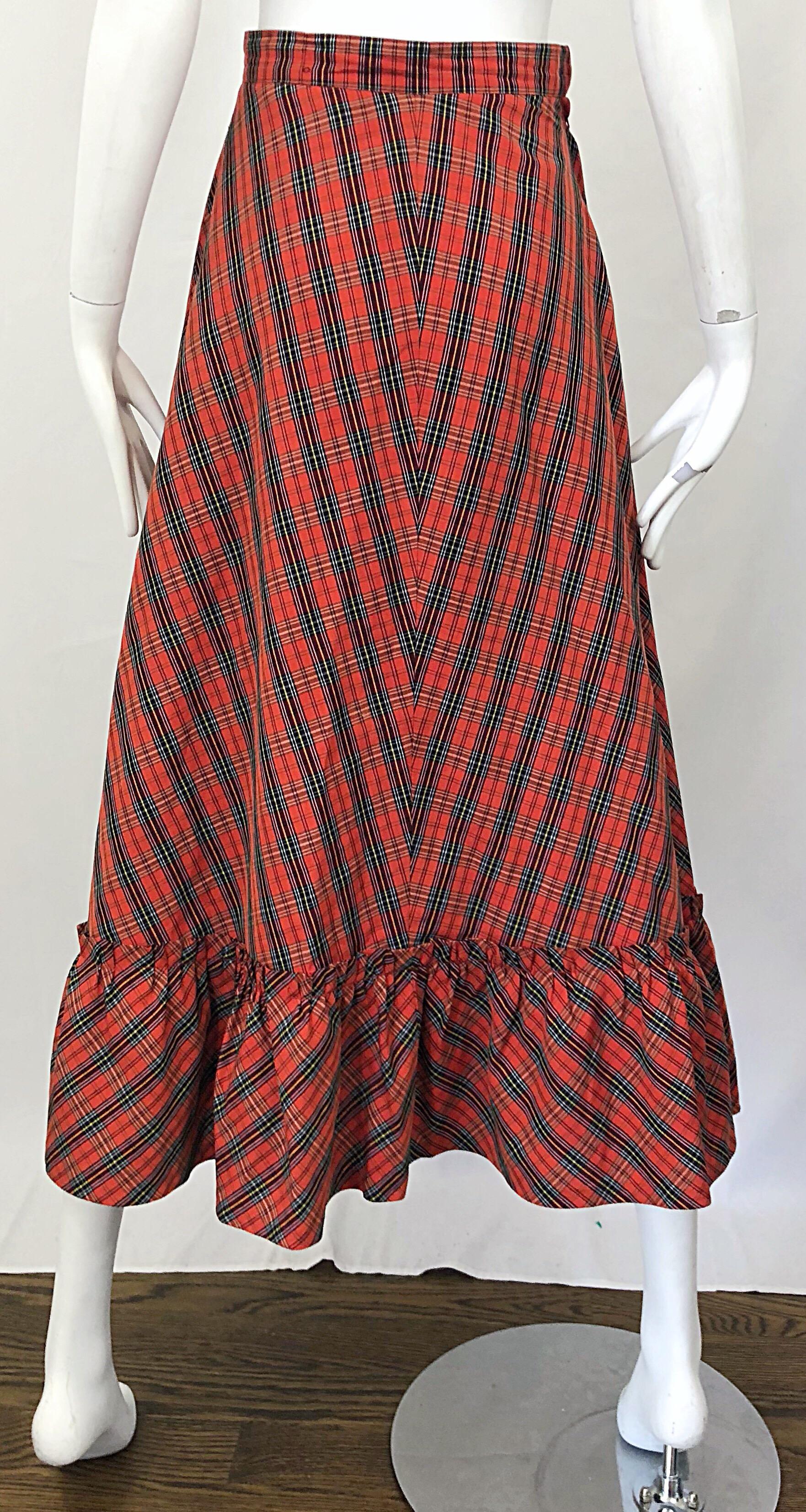 1970s Red Plaid Cotton Voile Ruffled Hem Vintage 70s Maxi Skirt For Sale 3