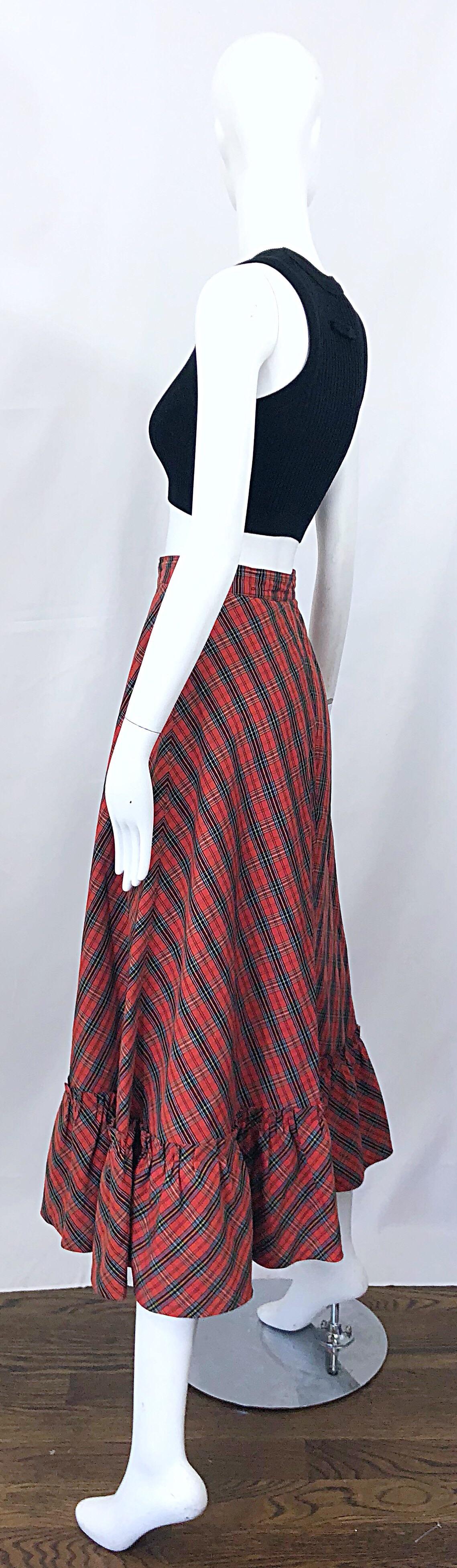 1970s Red Plaid Cotton Voile Ruffled Hem Vintage 70s Maxi Skirt For Sale 4