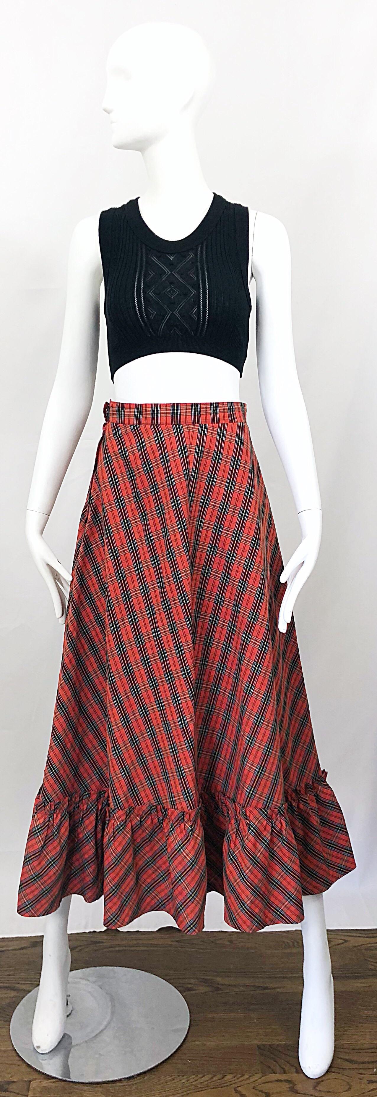 1970s Red Plaid Cotton Voile Ruffled Hem Vintage 70s Maxi Skirt For Sale 5