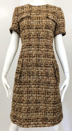 Chic 1960s Brown + Taupe Boucle Woven Short Sleeve Vintage 60s Shift Dress