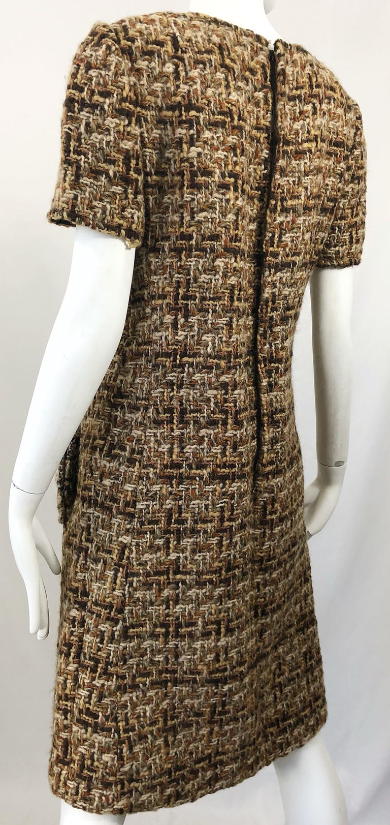 Chic 1960s Brown + Taupe Boucle Woven Short Sleeve Vintage 60s Shift ...