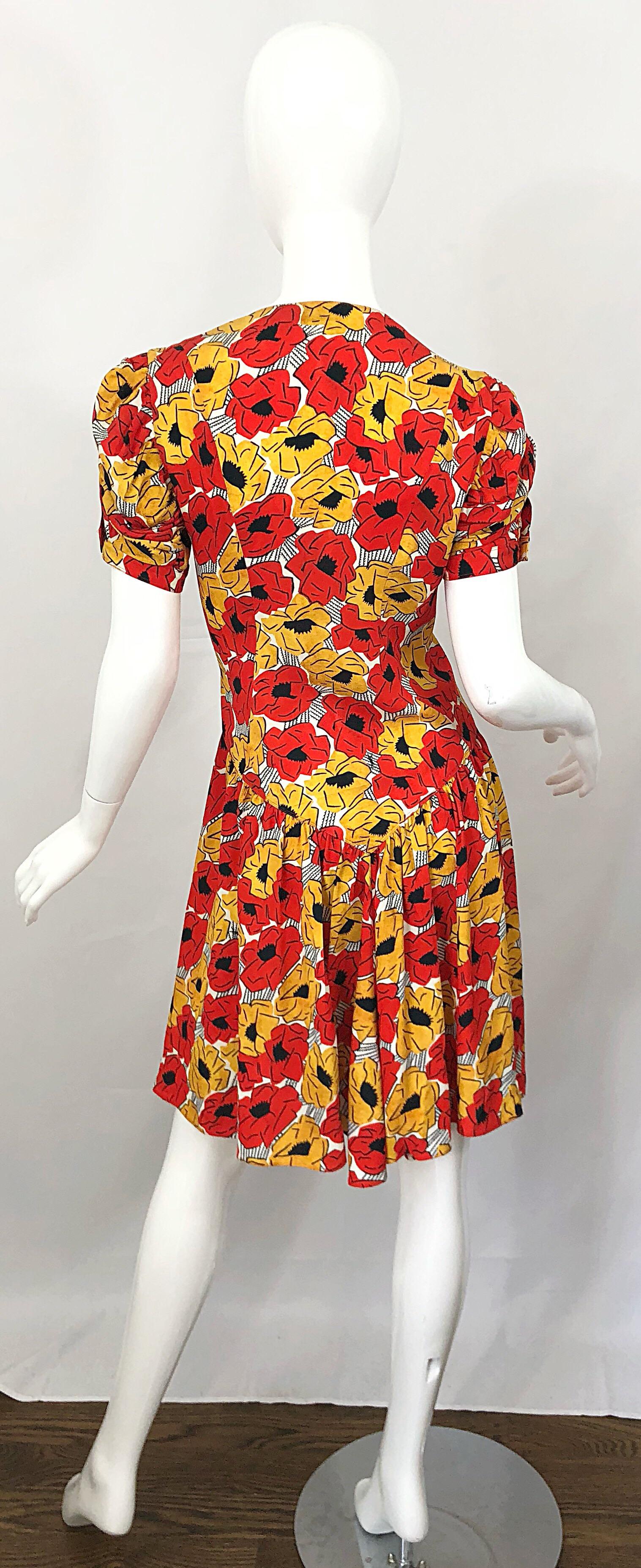Yves Saint Laurent YSL Size 42 / 10 Yellow + Red Poppy Print Drop Waist Dress In Excellent Condition In San Diego, CA