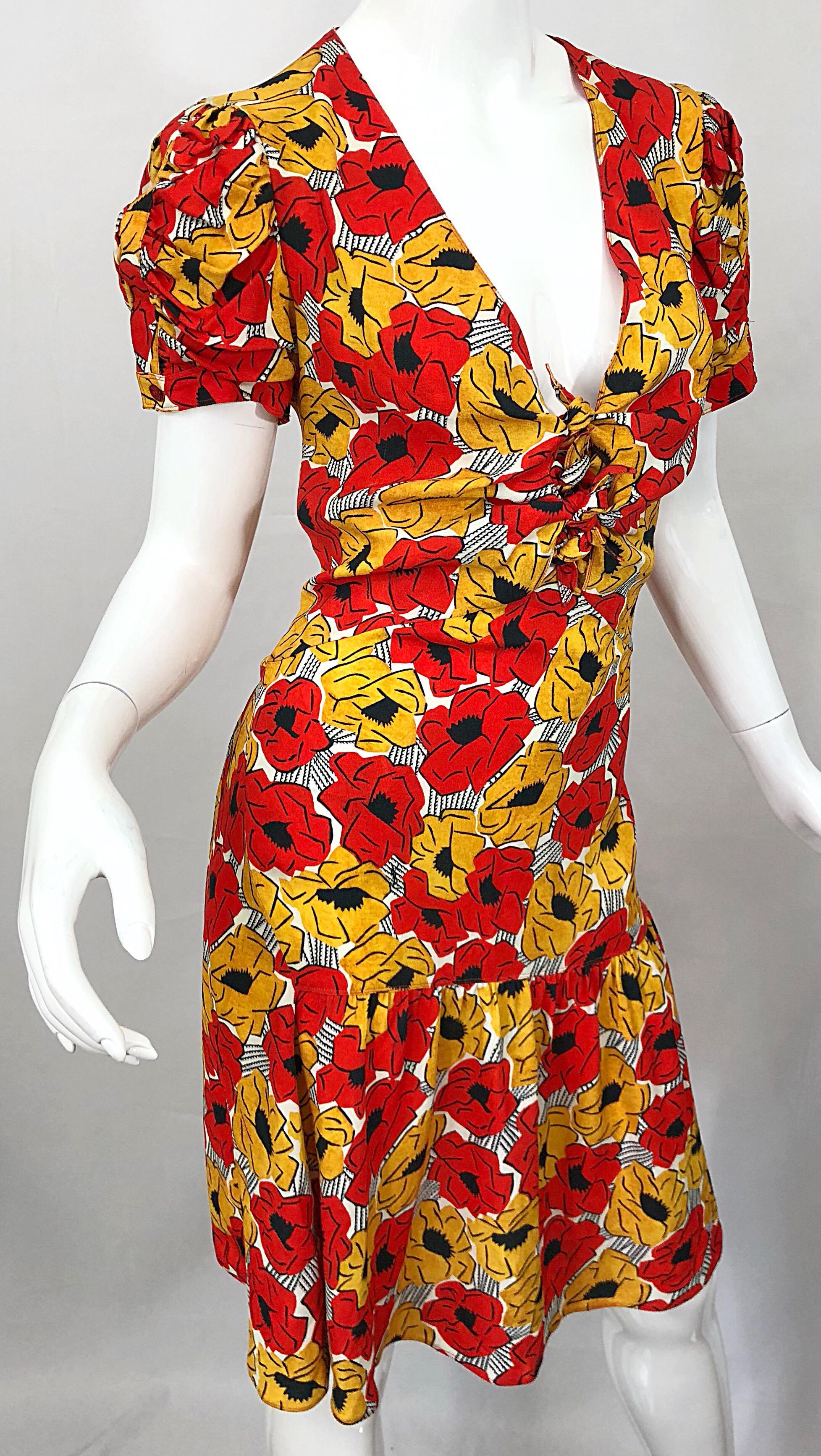 Women's Yves Saint Laurent YSL Size 42 / 10 Yellow + Red Poppy Print Drop Waist Dress