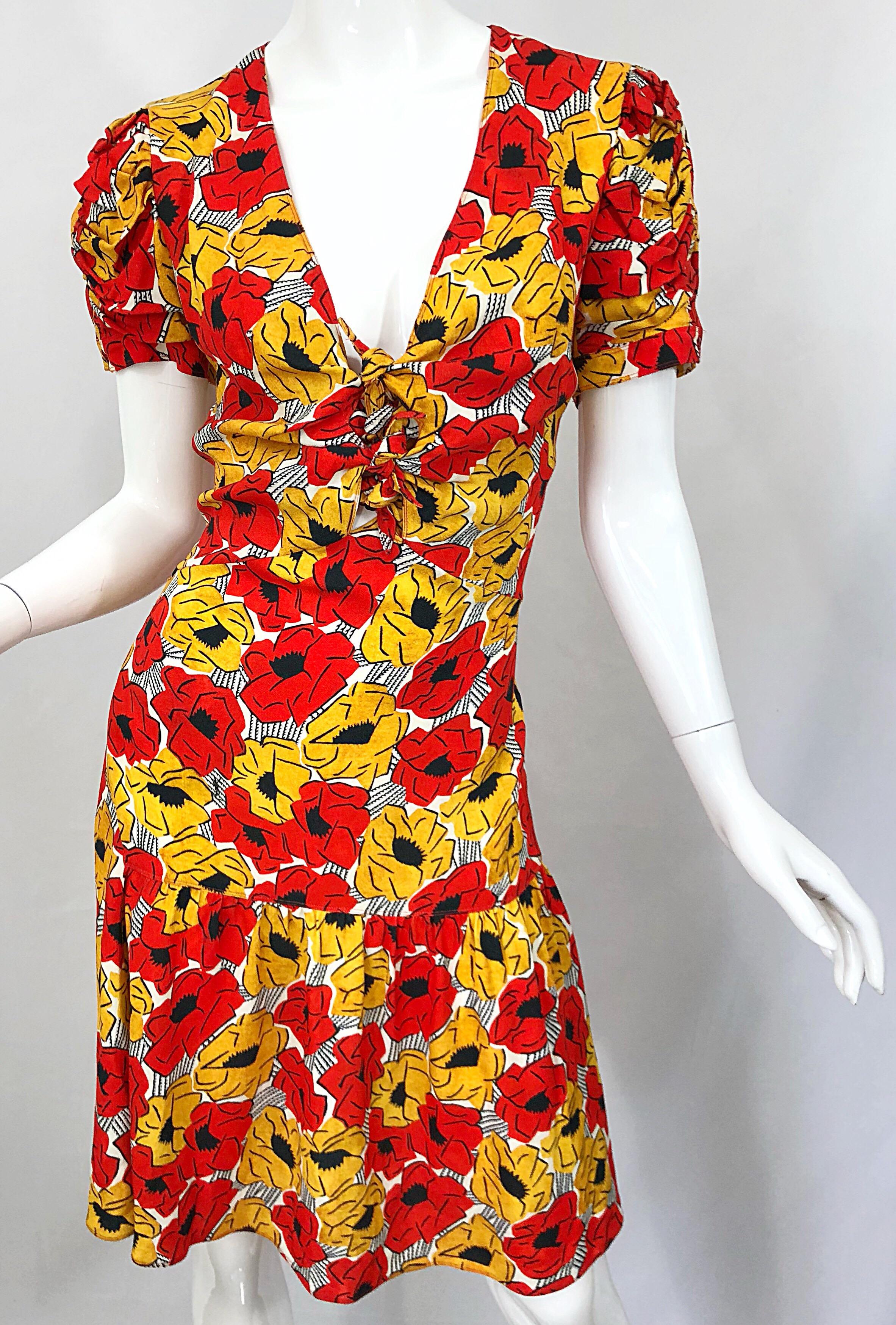 Yves Saint Laurent YSL Size 42 / 10 Yellow + Red Poppy Print Drop Waist Dress 1