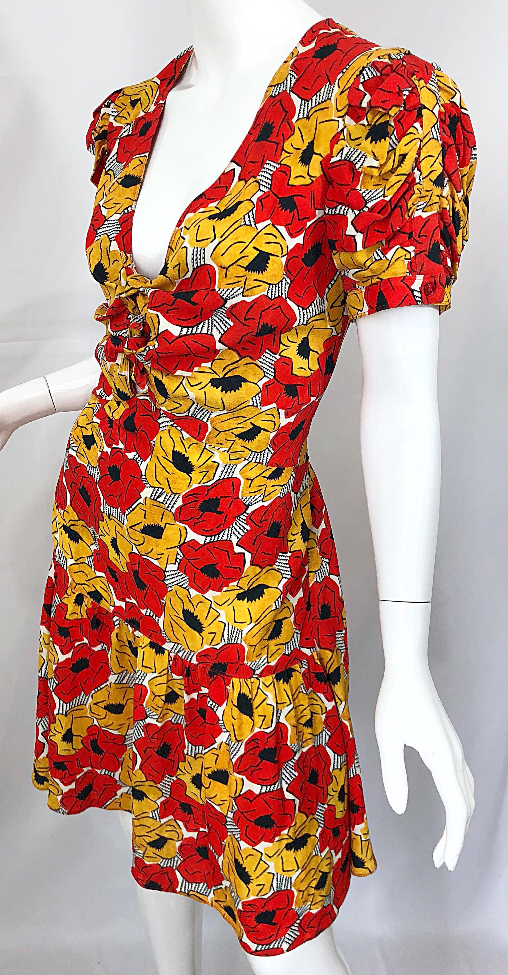 Yves Saint Laurent YSL Size 42 / 10 Yellow + Red Poppy Print Drop Waist Dress 2