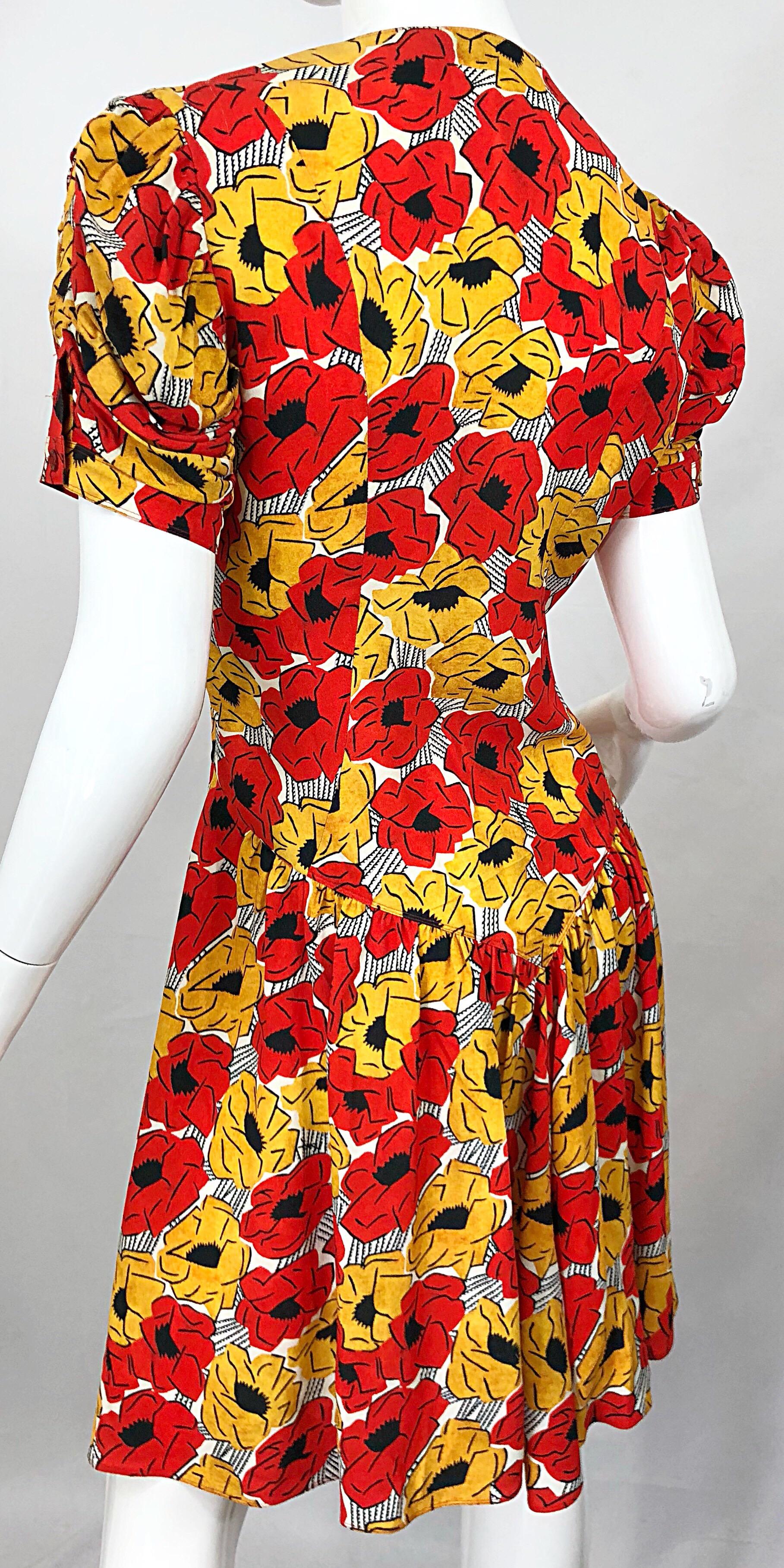Yves Saint Laurent YSL Size 42 / 10 Yellow + Red Poppy Print Drop Waist Dress 3