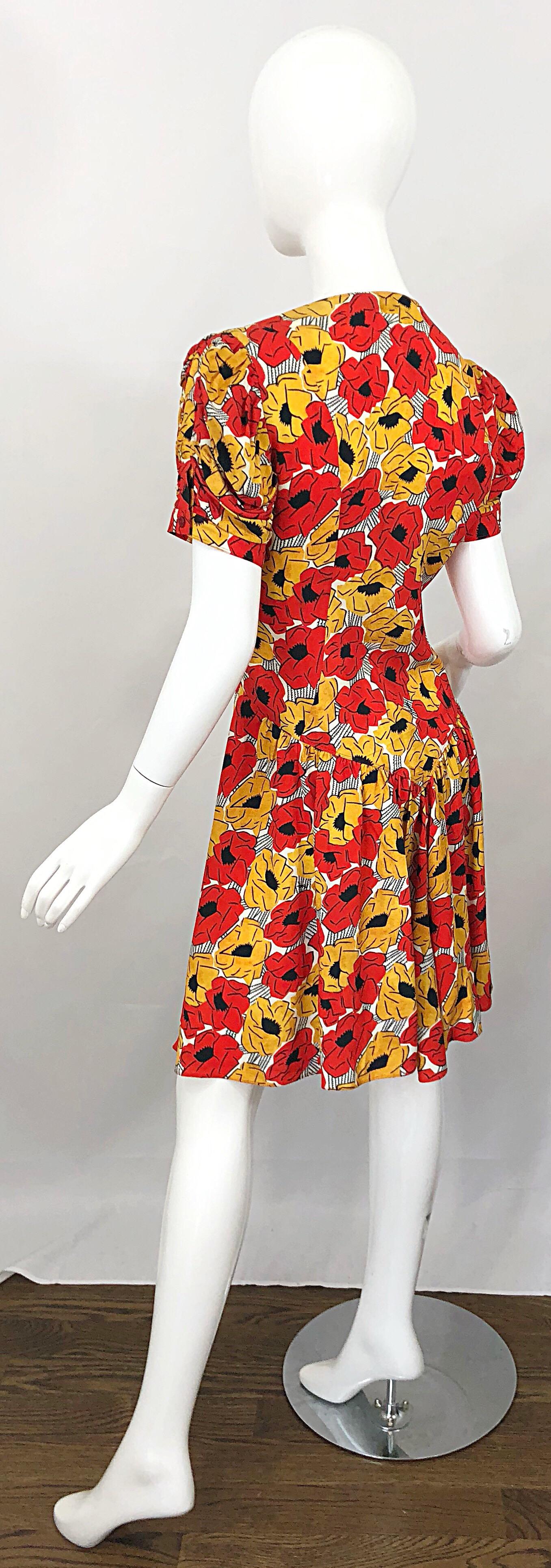 Yves Saint Laurent YSL Size 42 / 10 Yellow + Red Poppy Print Drop Waist Dress 6