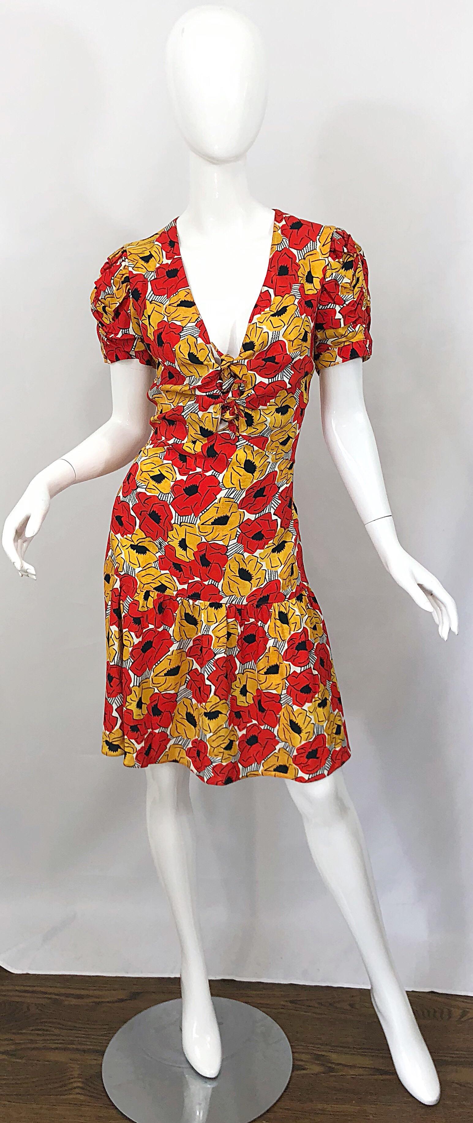 Yves Saint Laurent YSL Size 42 / 10 Yellow + Red Poppy Print Drop Waist Dress 7