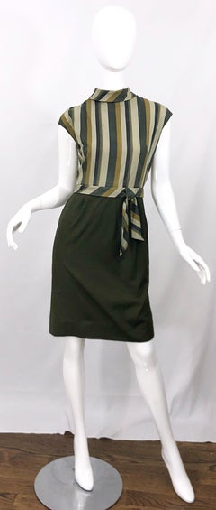 1960s Chic Chartreuse Olive Green Cotton Striped Cap Sleeve Vintage 60s Dress